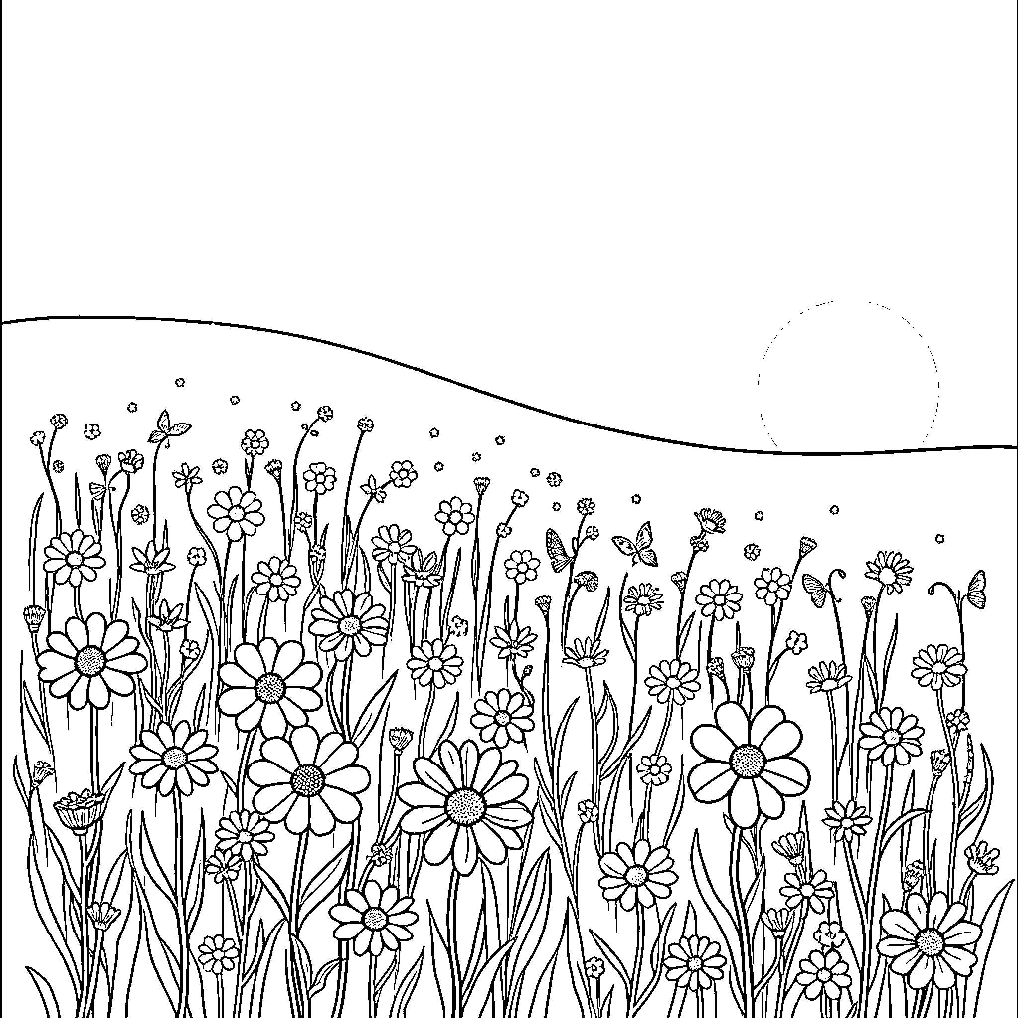 Flower field with intricate designs Coloring Page (free black-and-white line drawing printable PDF for all, from beginners to advanced learners, including children, teens, adults, and seniors)