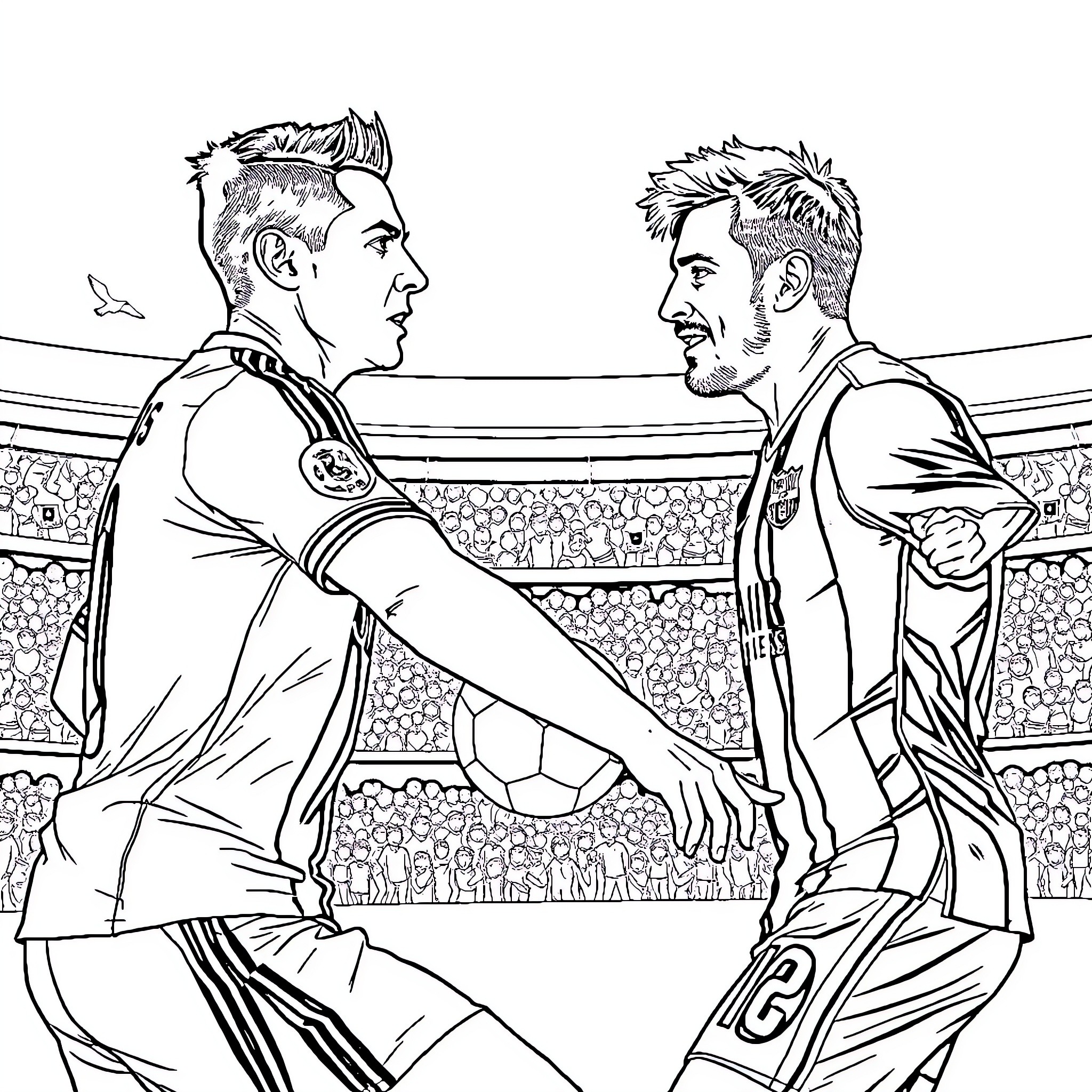 Cristiano Ronaldo and Lionel Messi Shaking Hands on the Soccer Field Coloring Page (free black-and-white line drawing printable PDF for all, from beginners to advanced learners, including children, teens, adults, and seniors)