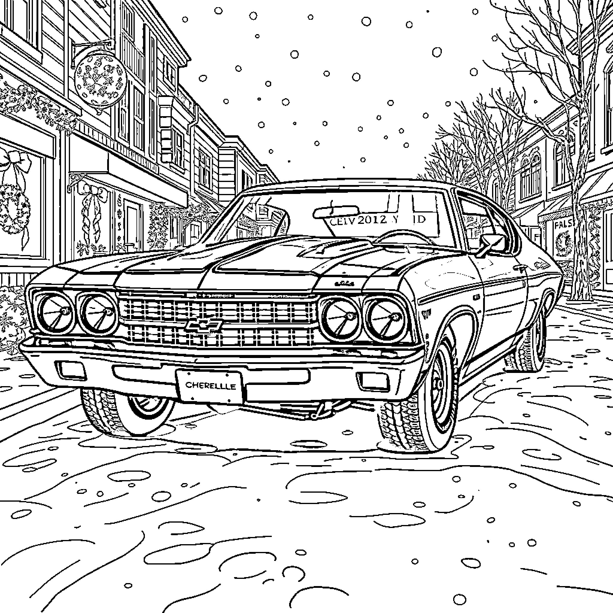 Chevy Chevelle in a Snowy Cityscape Coloring Page (free black-and-white line drawing printable PDF for all, from beginners to advanced learners, including children, teens, adults, and seniors)
