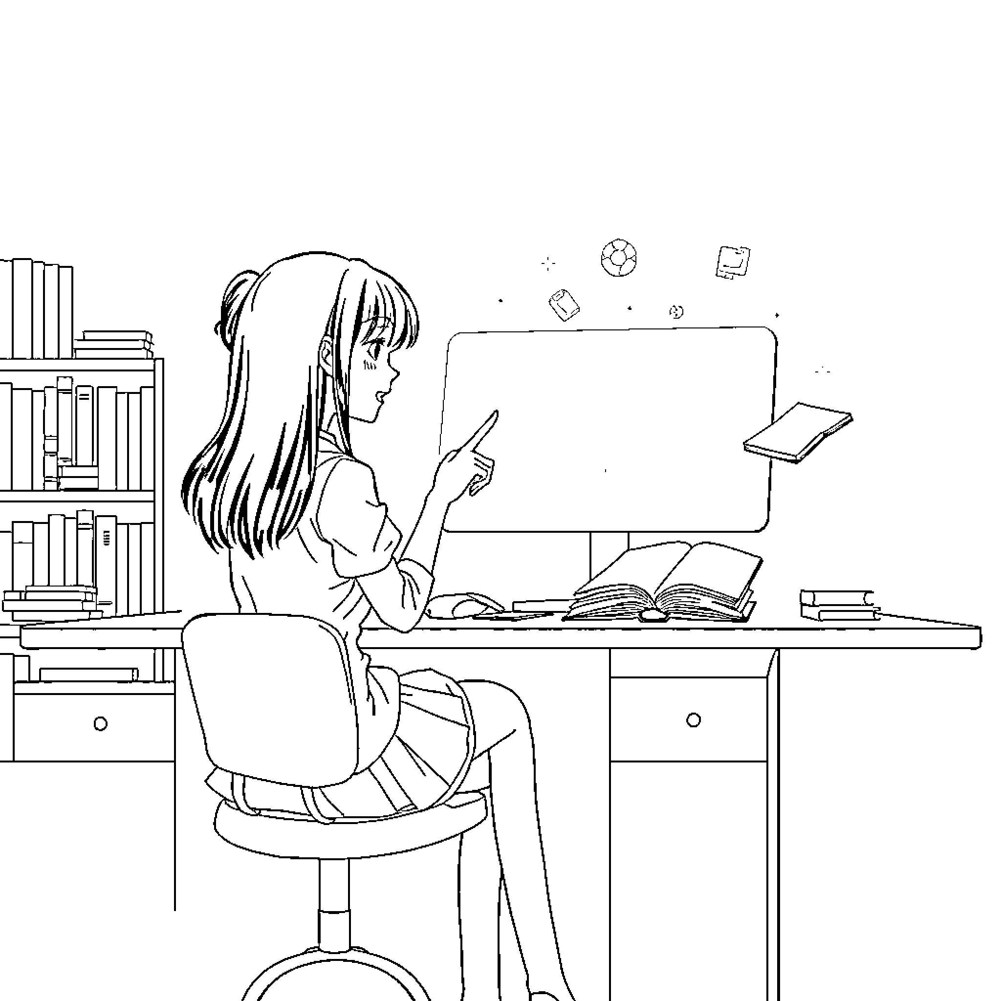 Girl studying diligently at her desk Coloring Page (free black-and-white line drawing printable PDF for all, from beginners to advanced learners, including children, teens, adults, and seniors)
