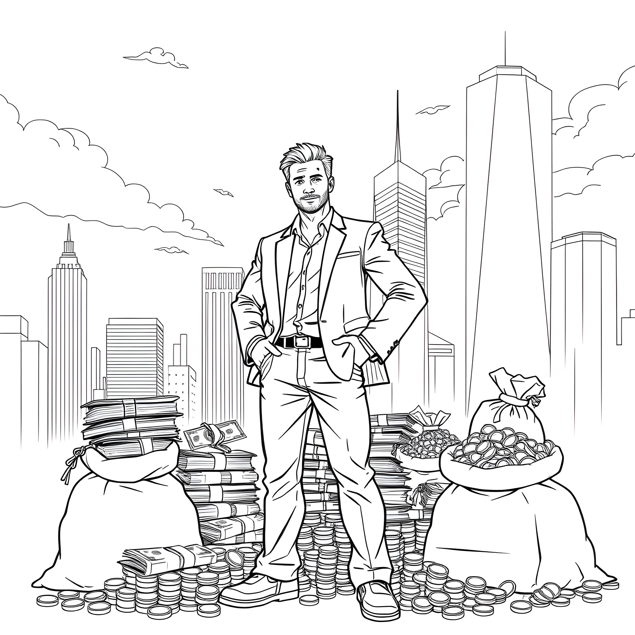 Aaron Imholte surrounded by wealth and success in the city Coloring Page (free black-and-white line drawing printable PDF for all, from beginners to advanced learners, including children, teens, adults, and seniors)