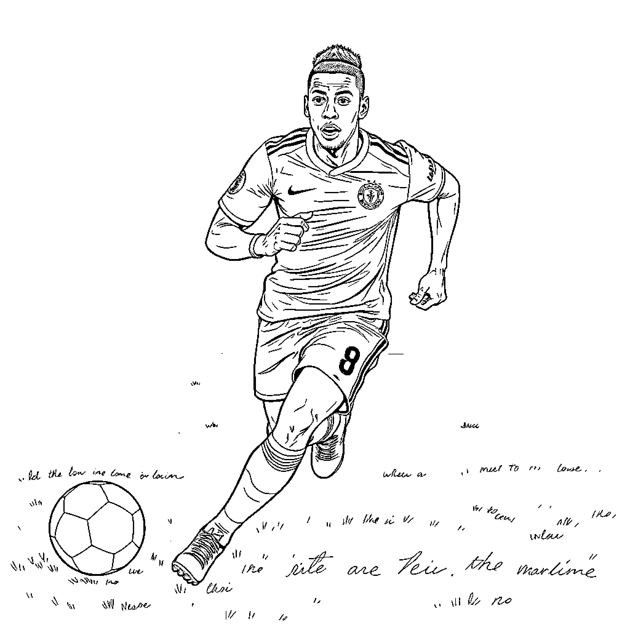 Mbappe running with the ball on the field Coloring Page (free black-and-white line drawing printable PDF for all, from beginners to advanced learners, including children, teens, adults, and seniors)