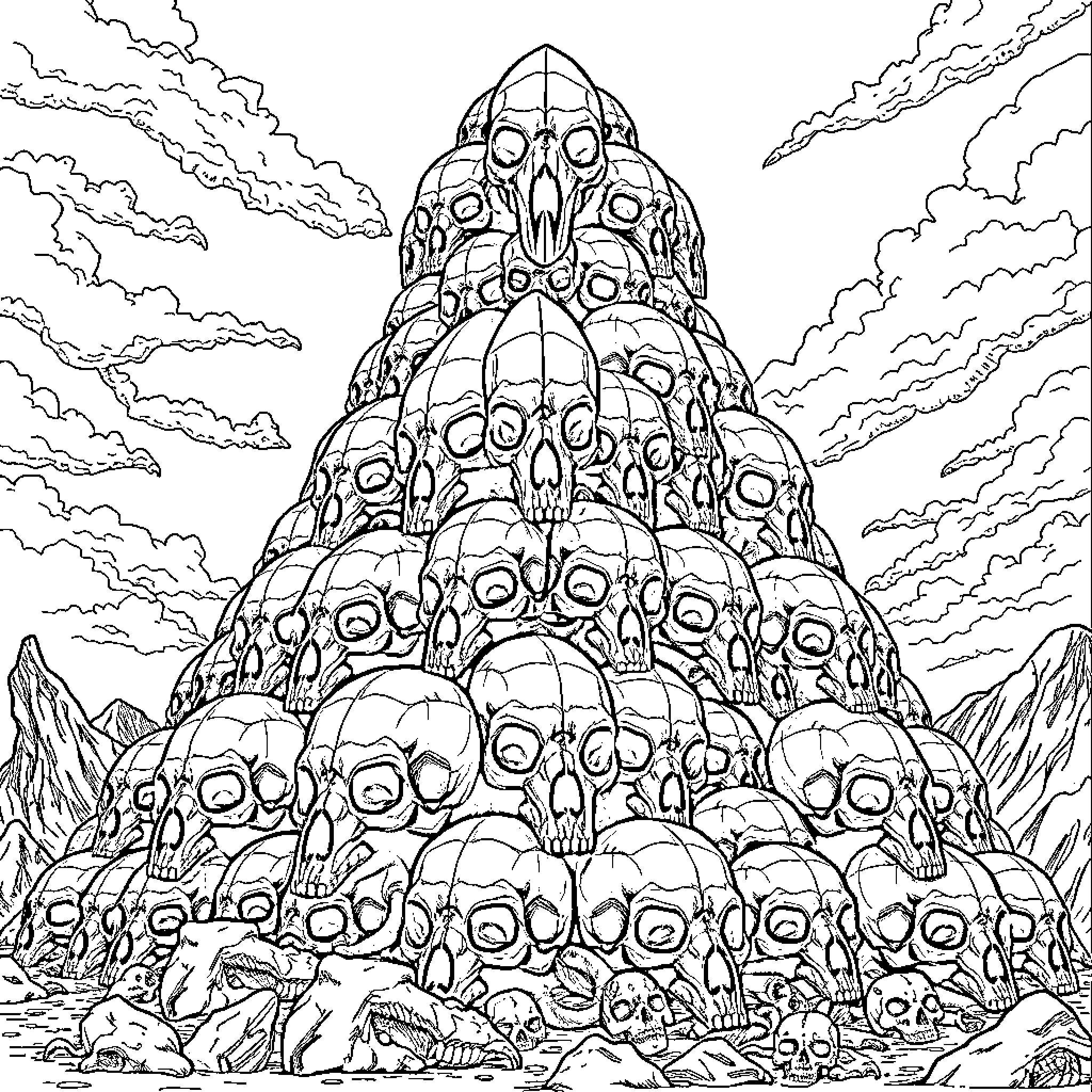 Pyramid of Skulls in the Cloudy Landscape Coloring Page (free black-and-white line drawing printable PDF for all, from beginners to advanced learners, including children, teens, adults, and seniors)
