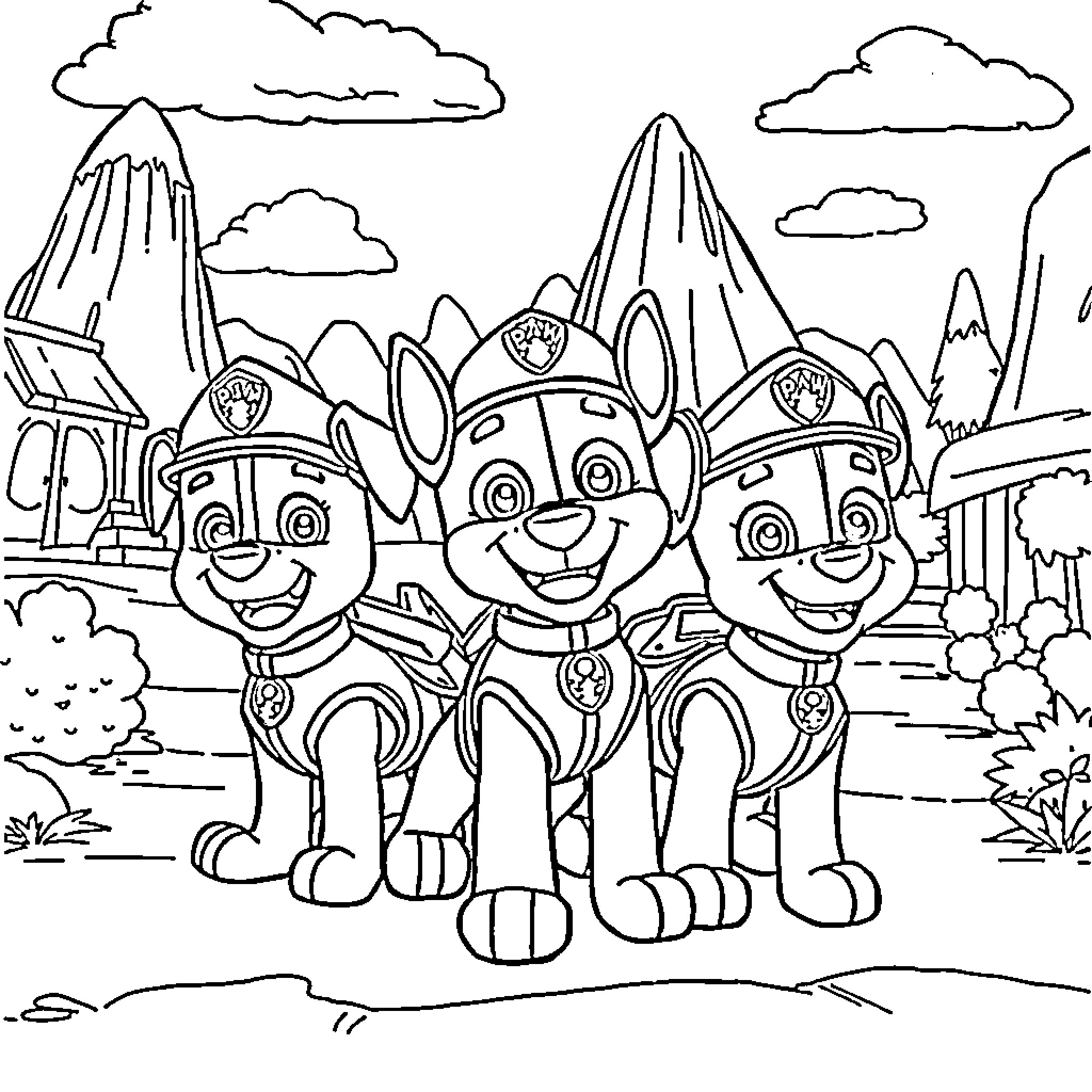 Paw Patrol Pups Explore Mountainous Landscape Coloring Page (free black-and-white line drawing printable PDF for all, from beginners to advanced learners, including children, teens, adults, and seniors)