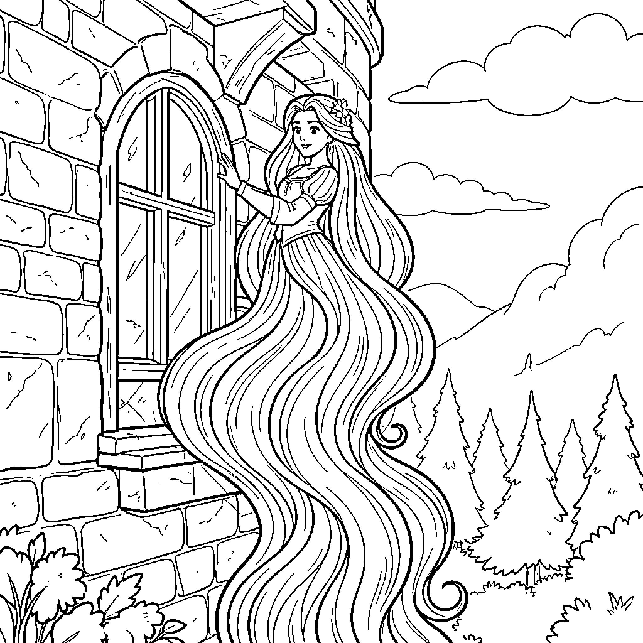 Rapunzel gazing out from her castle window Coloring Page (free black-and-white line drawing printable PDF for all, from beginners to advanced learners, including children, teens, adults, and seniors)