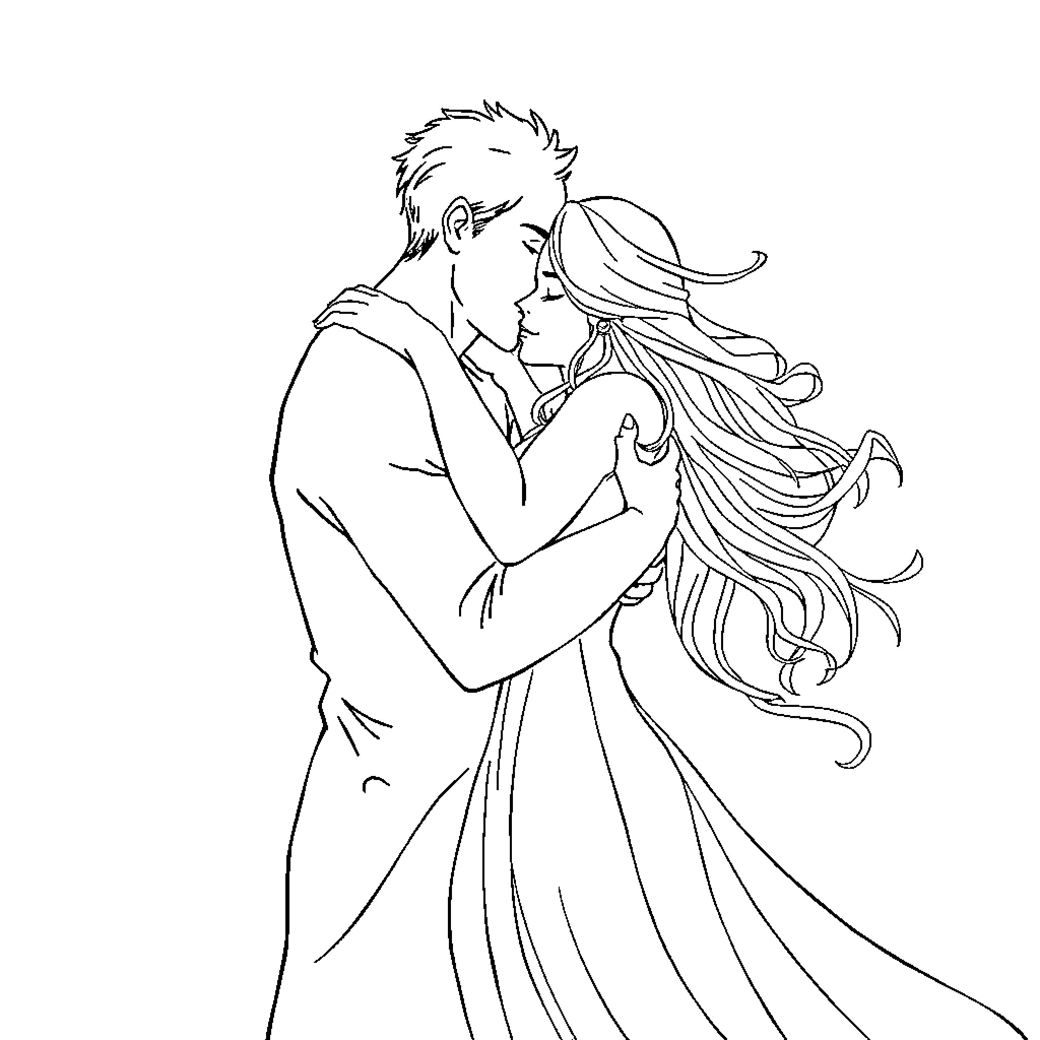 Adult couple embracing with flowing hair Coloring Page (free black-and-white line drawing printable PDF for all, from beginners to advanced learners, including children, teens, adults, and seniors)