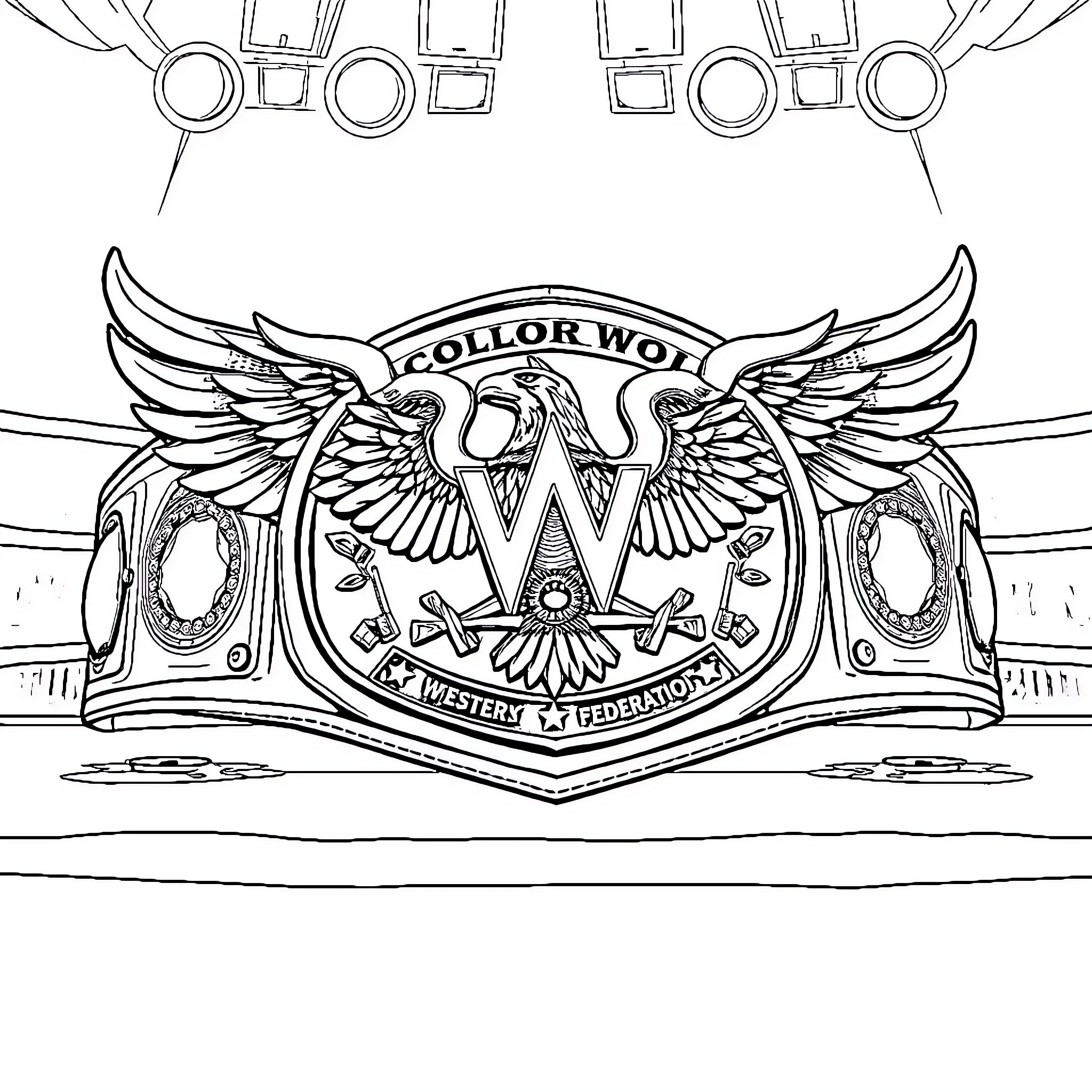 Eagle emblem and wings on the Western operation machinery Coloring Page (free black-and-white line drawing printable PDF for all, from beginners to advanced learners, including children, teens, adults, and seniors)