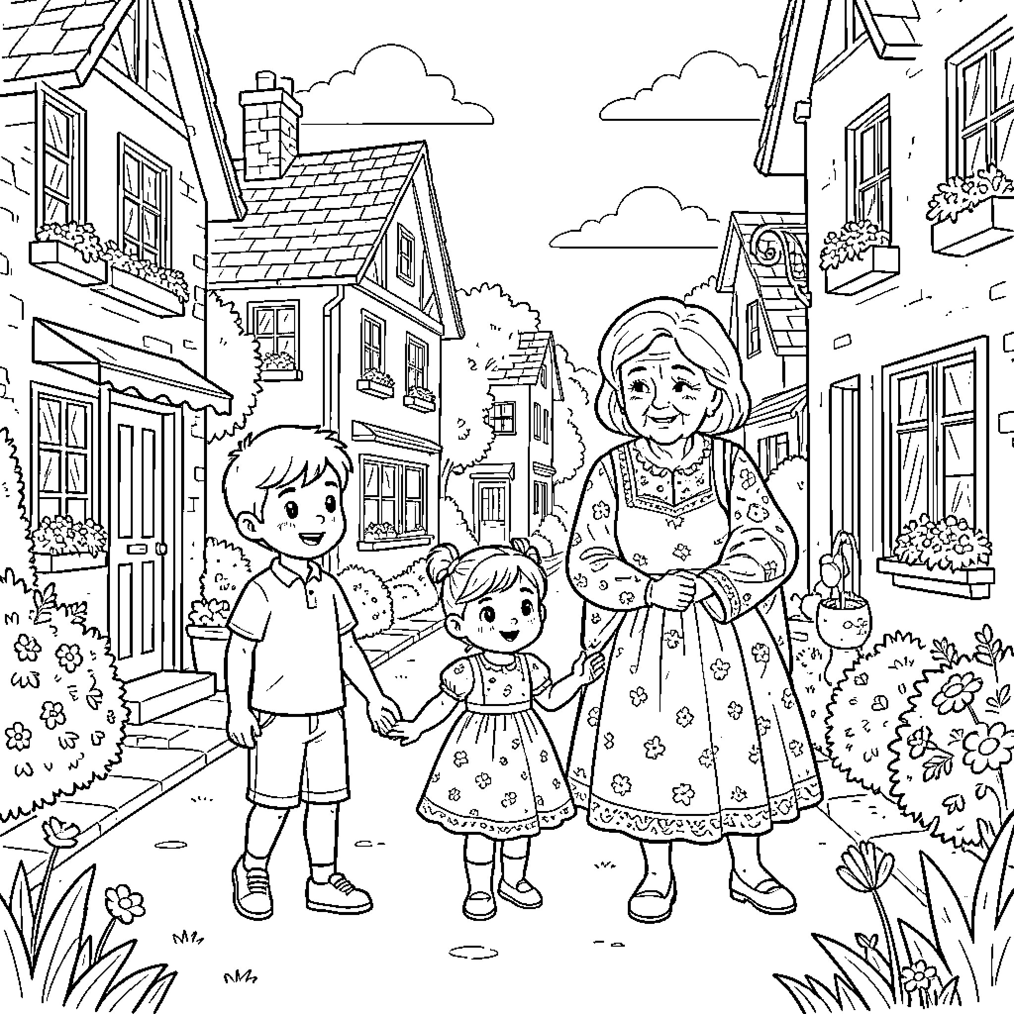 Child walking happily with grandmother on a village street Coloring Page (free black-and-white line drawing printable PDF for all, from beginners to advanced learners, including children, teens, adults, and seniors)