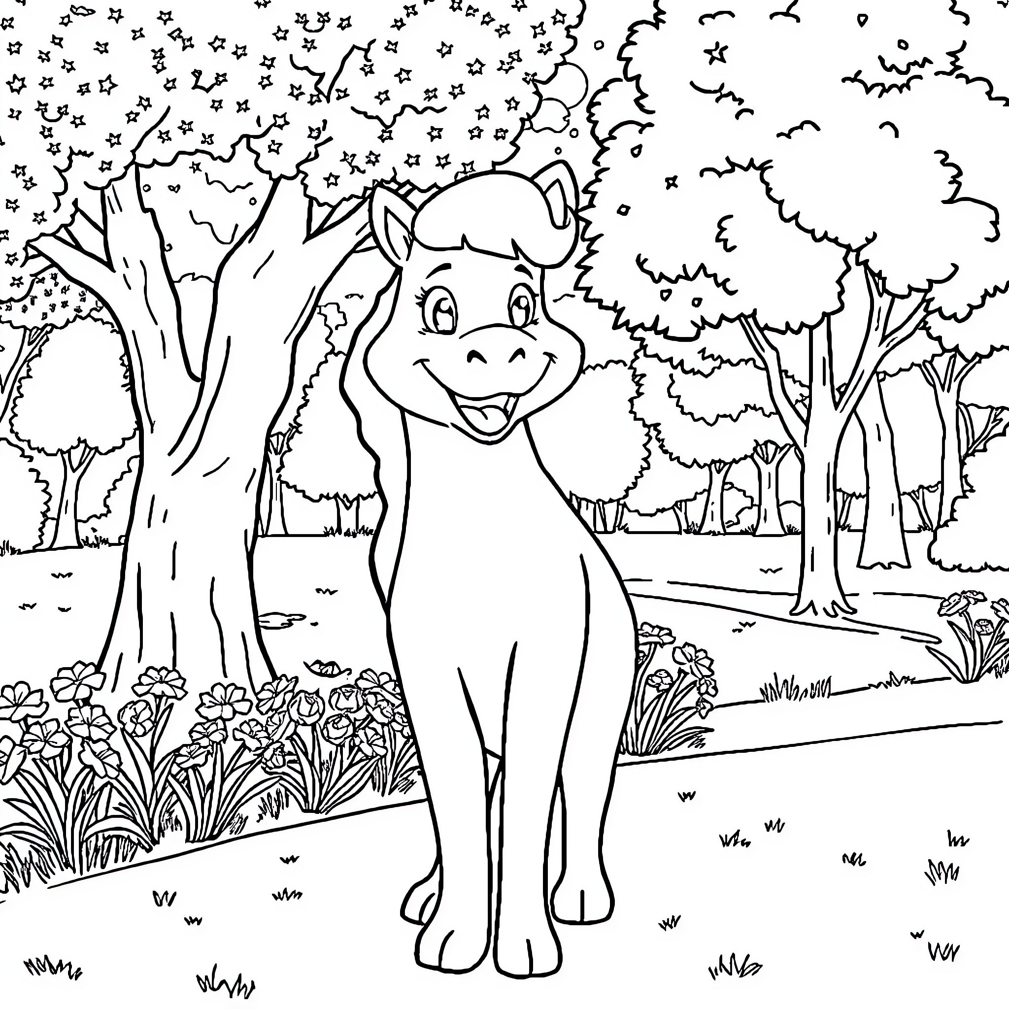 Fiona's Enchanted Forest Adventure Coloring Page (free black-and-white line drawing printable PDF for all, from beginners to advanced learners, including children, teens, adults, and seniors)