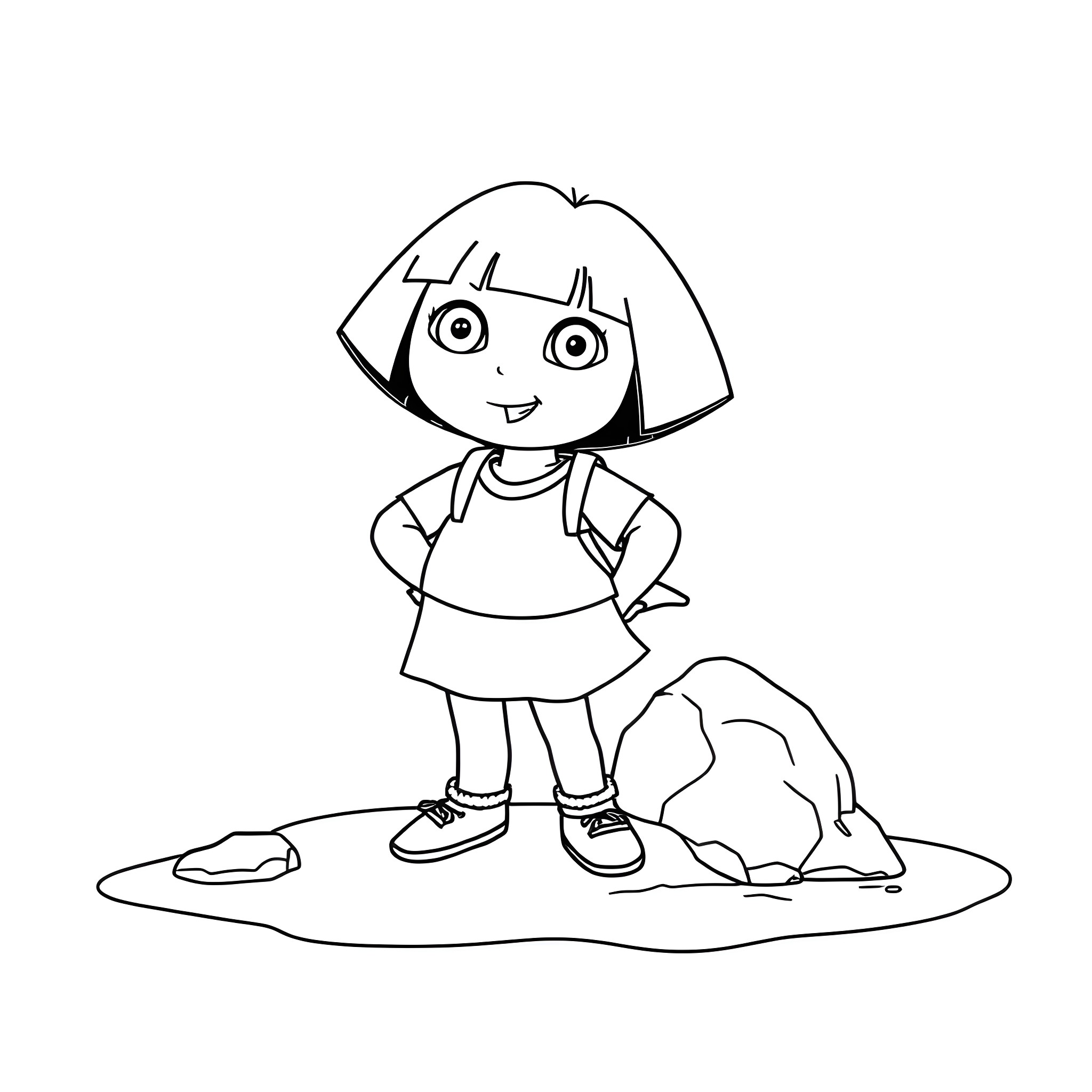 Dora the Explorer playing happily Coloring Page (free black-and-white line drawing printable PDF for all, from beginners to advanced learners, including children, teens, adults, and seniors)