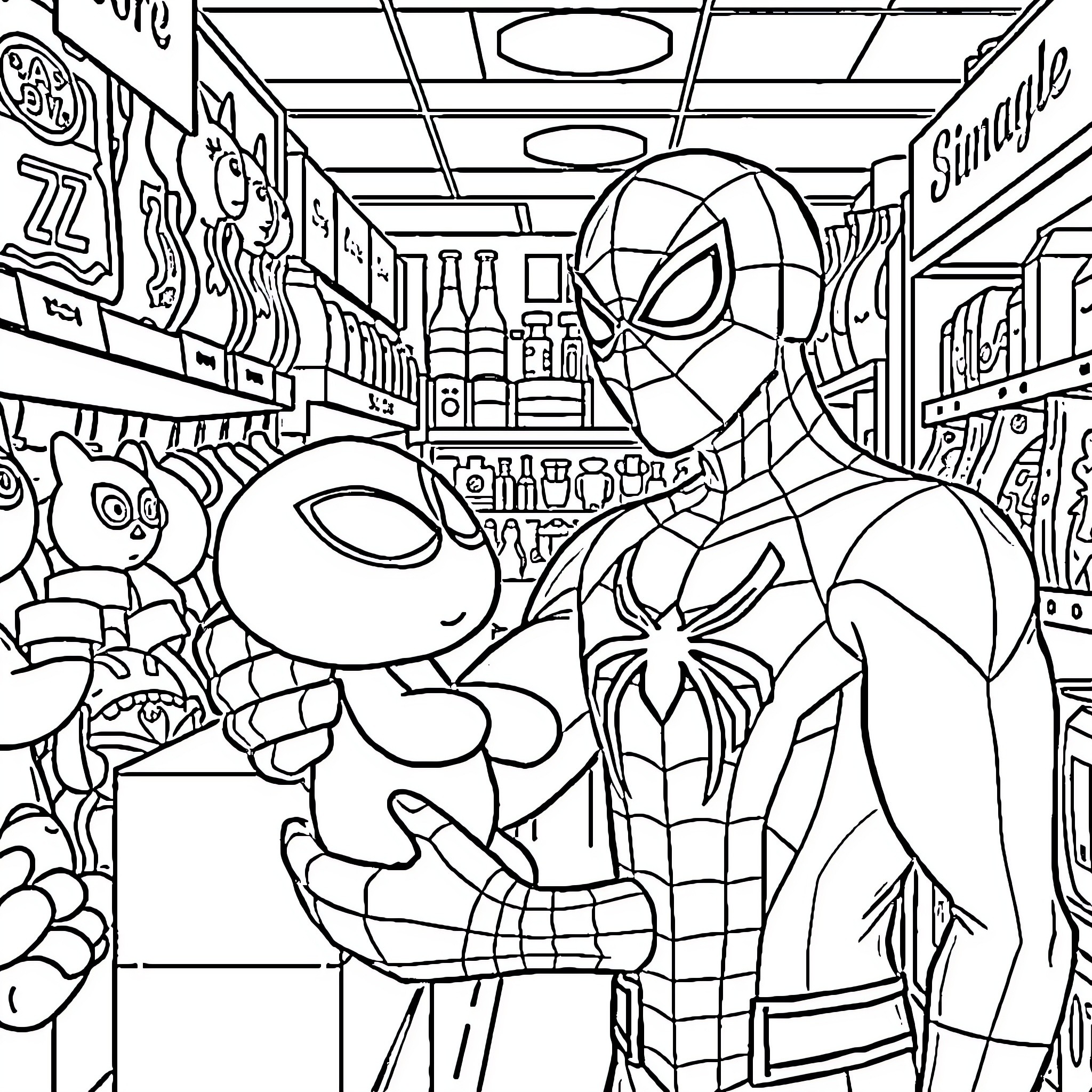Spiderman in action-packed convenience store scene Coloring Page (free black-and-white line drawing printable PDF for all, from beginners to advanced learners, including children, teens, adults, and seniors)