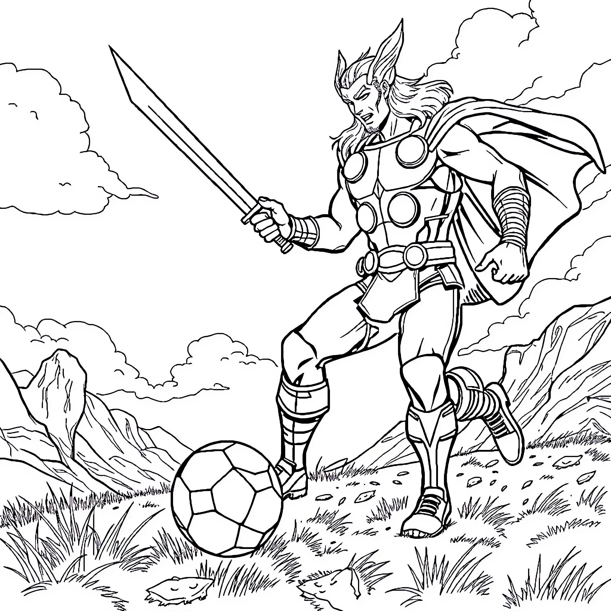 Thor's Mighty Heroic Stance in an Outdoor Landscape Coloring Page (free black-and-white line drawing printable PDF for all, from beginners to advanced learners, including children, teens, adults, and seniors)