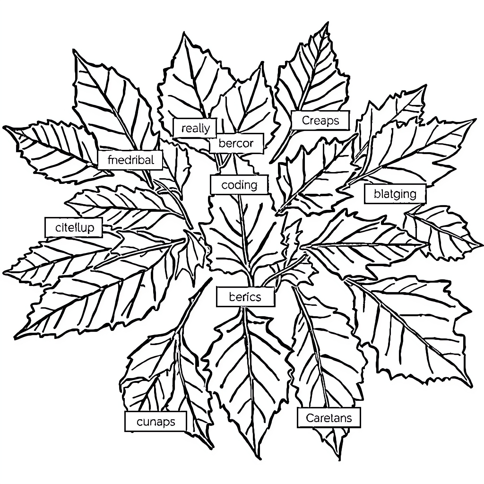 Leaf Patterns and Botanical Terminology Coloring Page (free black-and-white line drawing printable PDF for all, from beginners to advanced learners, including children, teens, adults, and seniors)