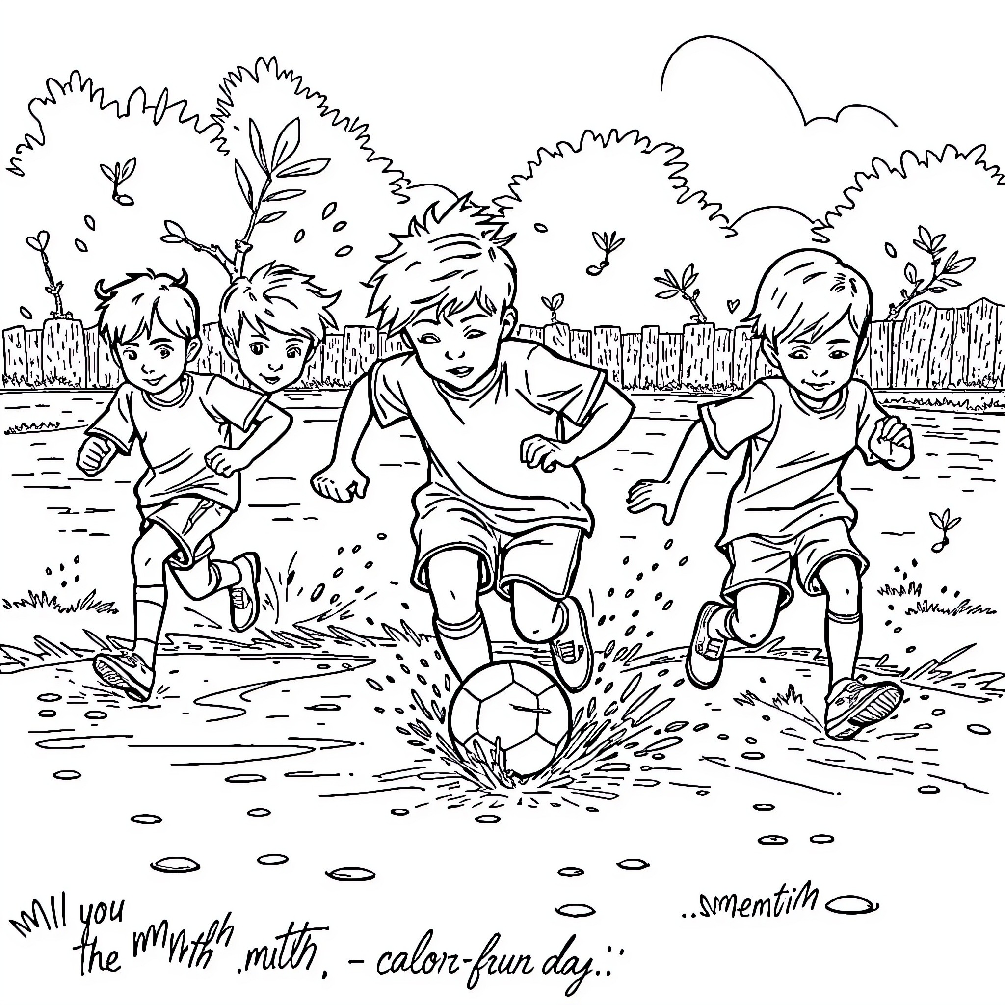 Soccer kids playing outdoors on a rainy day Coloring Page (free black-and-white line drawing printable PDF for all, from beginners to advanced learners, including children, teens, adults, and seniors)
