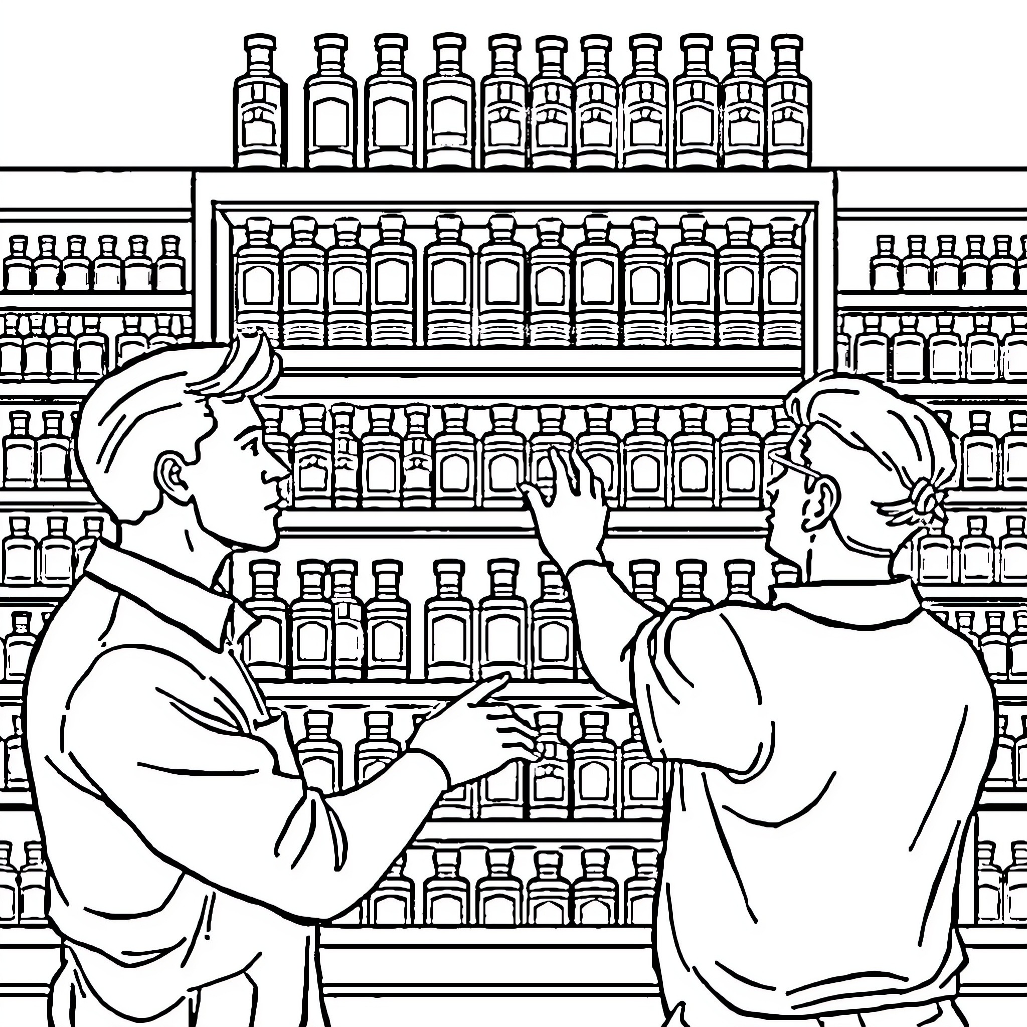 Vape shop interior with customers browsing products Coloring Page (free black-and-white line drawing printable PDF for all, from beginners to advanced learners, including children, teens, adults, and seniors)