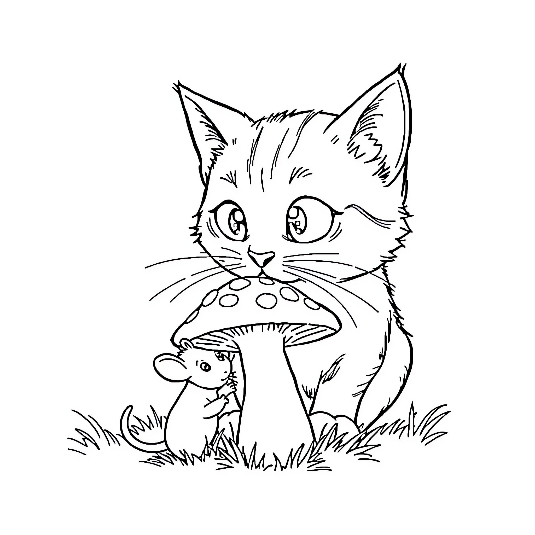 Cat observing curious mushroom in nature Coloring Page (free black-and-white line drawing printable PDF for all, from beginners to advanced learners, including children, teens, adults, and seniors)