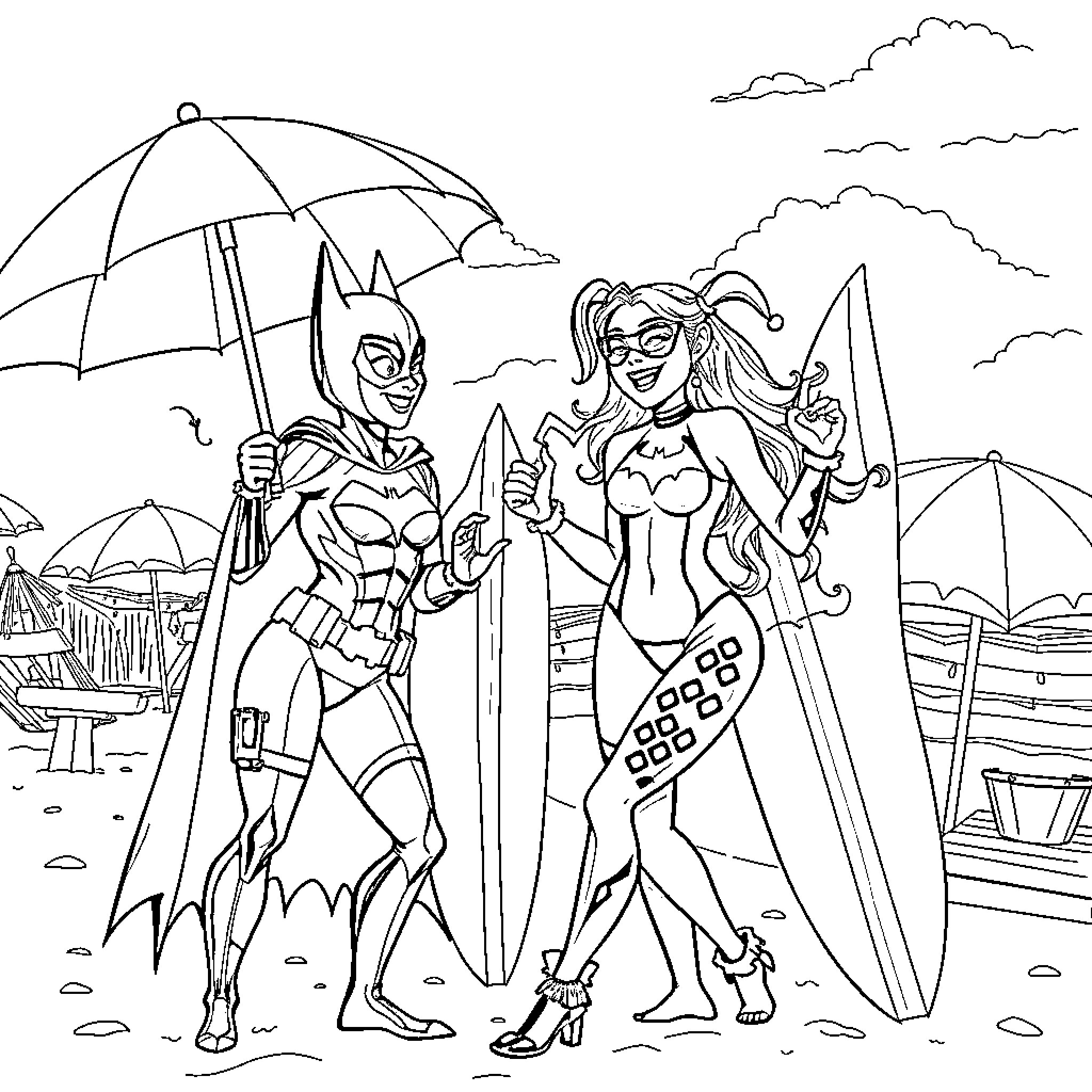 Batgirl and Harley Quinn at the Beach Coloring Page (free black-and-white line drawing printable PDF for all, from beginners to advanced learners, including children, teens, adults, and seniors)