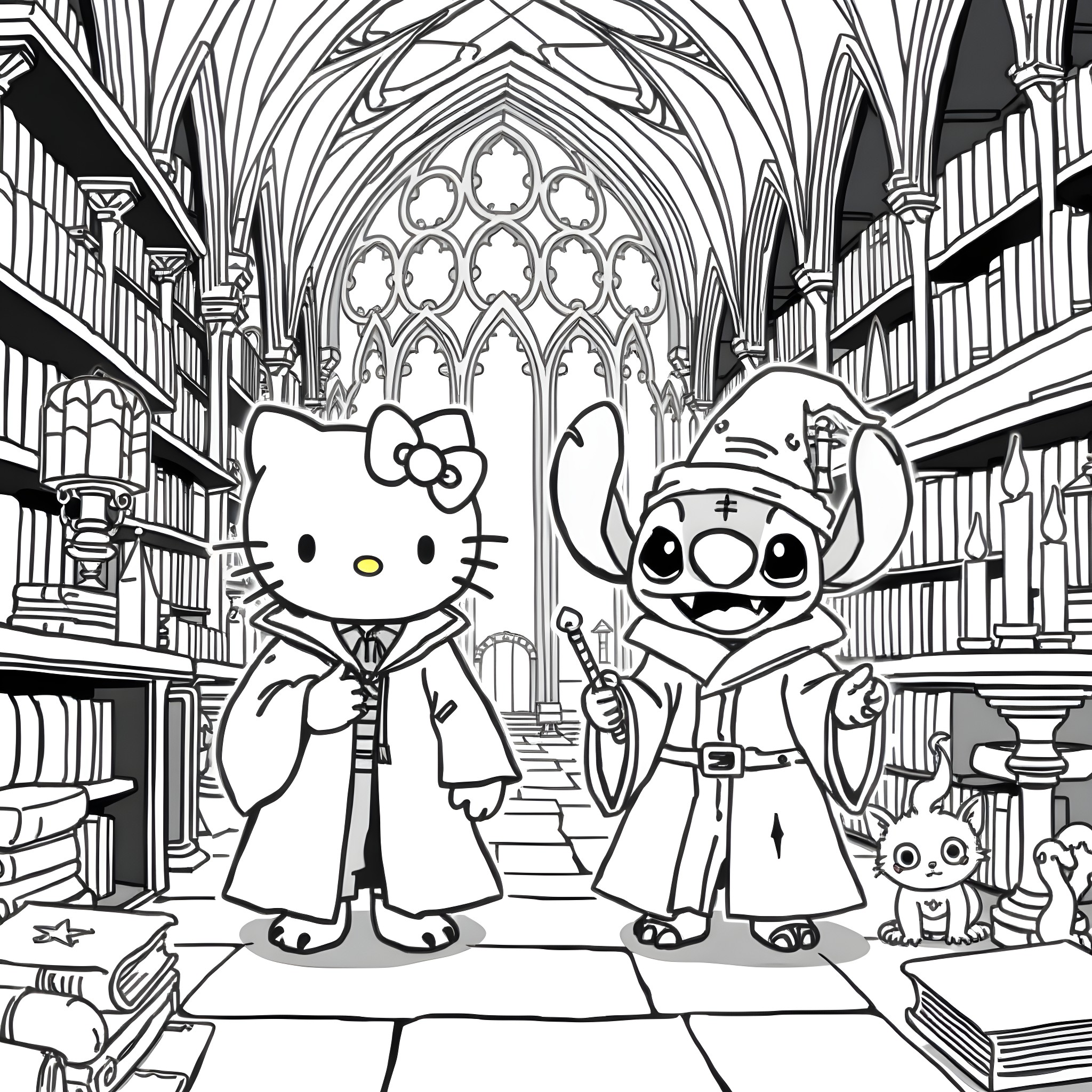 Hello Kitty and Stitch exploring a magical library Coloring Page (free black-and-white line drawing printable PDF for all, from beginners to advanced learners, including children, teens, adults, and seniors)