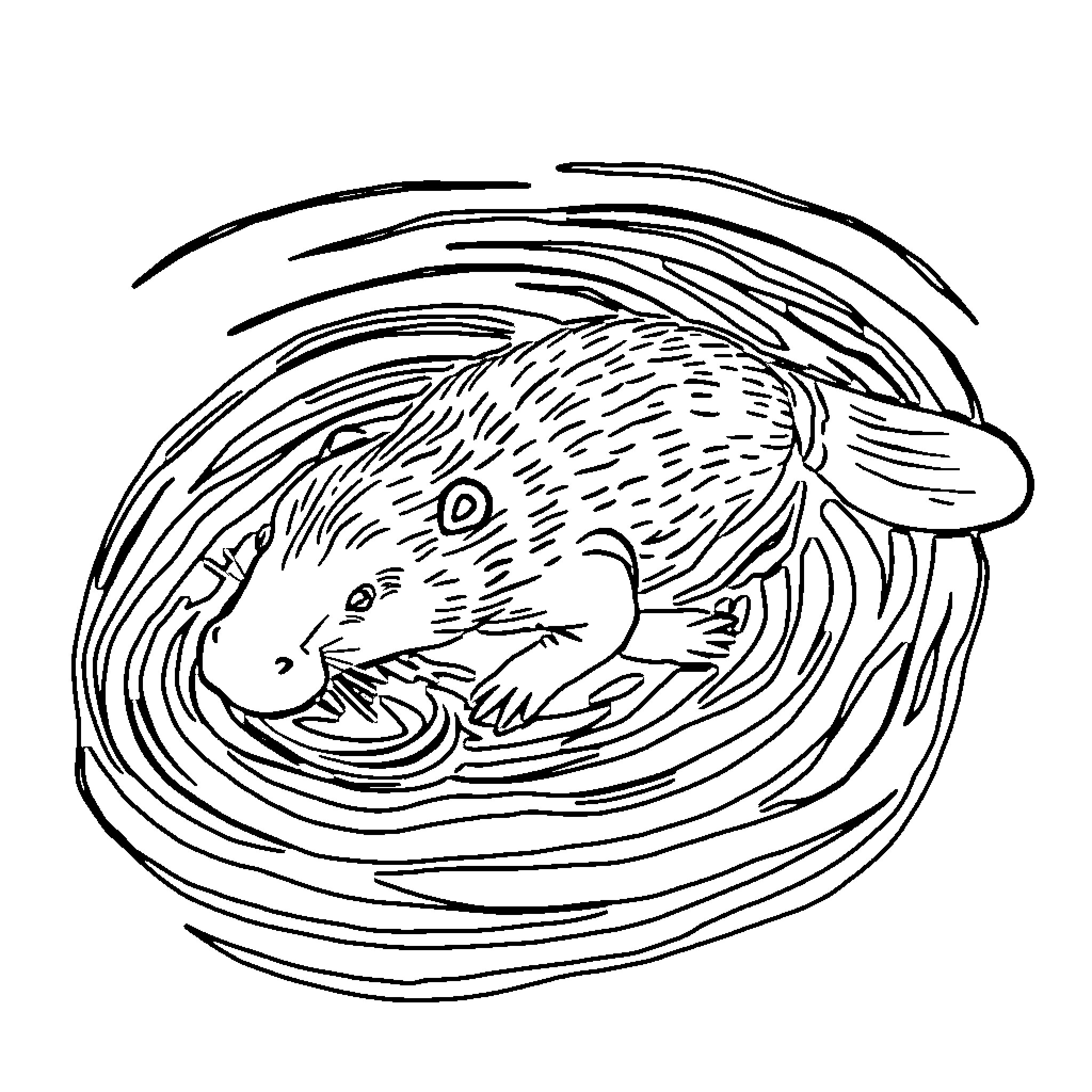 Platypus swimming in the currents Coloring Page (free black-and-white line drawing printable PDF for all, from beginners to advanced learners, including children, teens, adults, and seniors)
