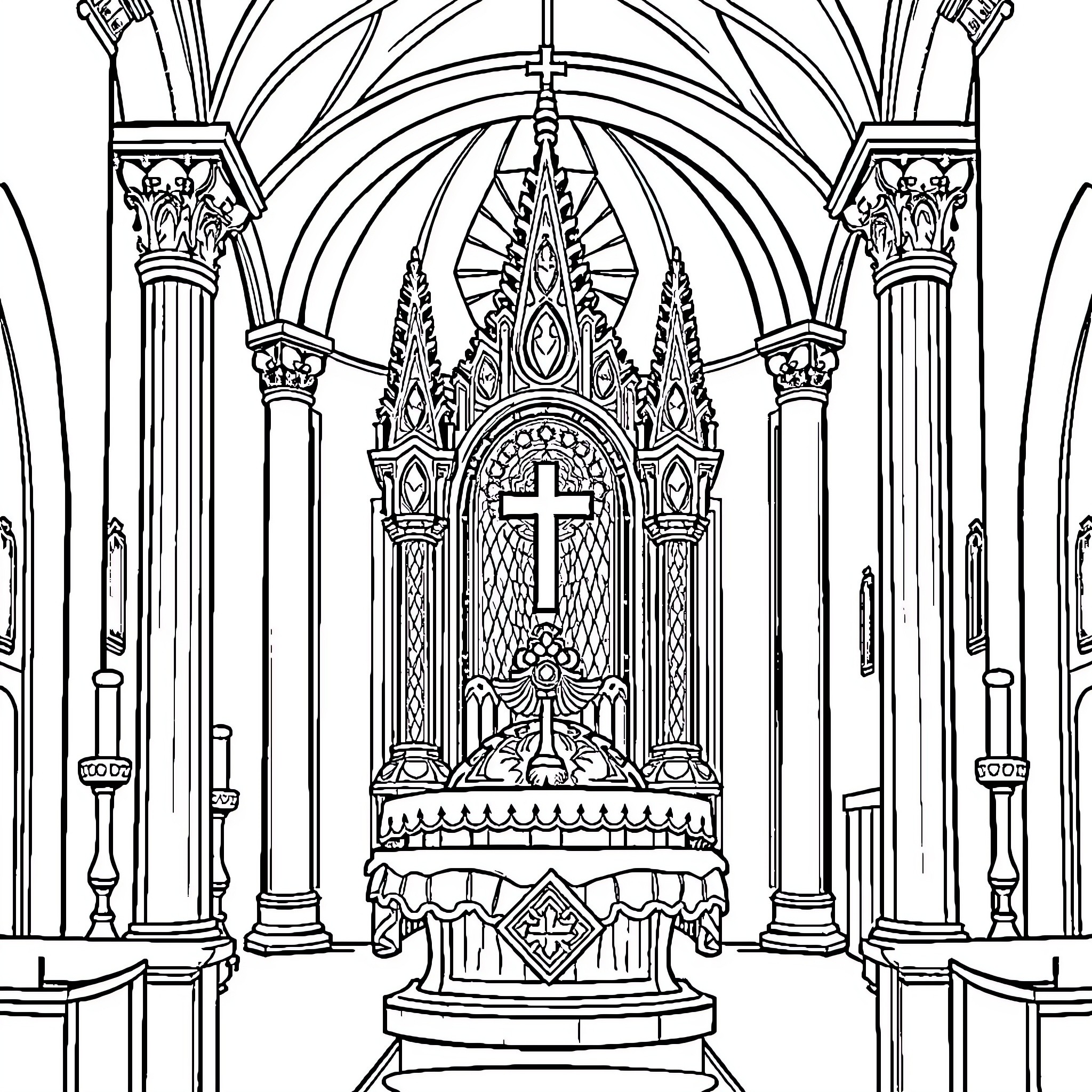 Monstrance in ornate cathedral setting Coloring Page (free black-and-white line drawing printable PDF for all, from beginners to advanced learners, including children, teens, adults, and seniors)