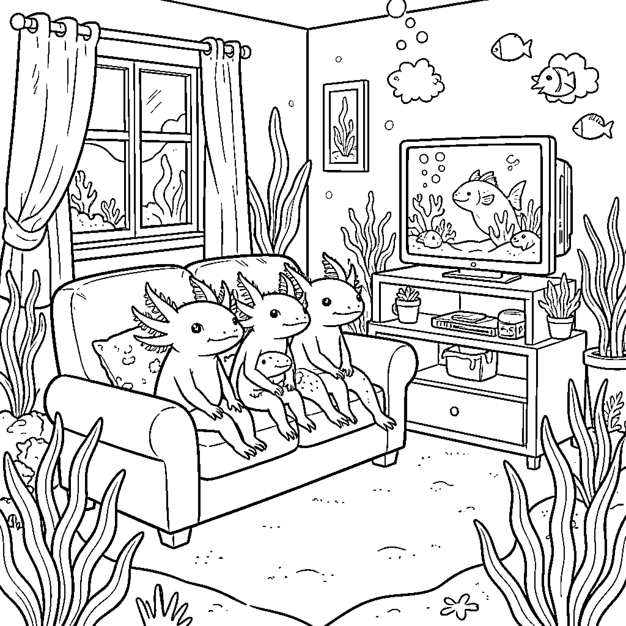 Axolotl family enjoying a cozy day at home Coloring Page (free black-and-white line drawing printable PDF for all, from beginners to advanced learners, including children, teens, adults, and seniors)