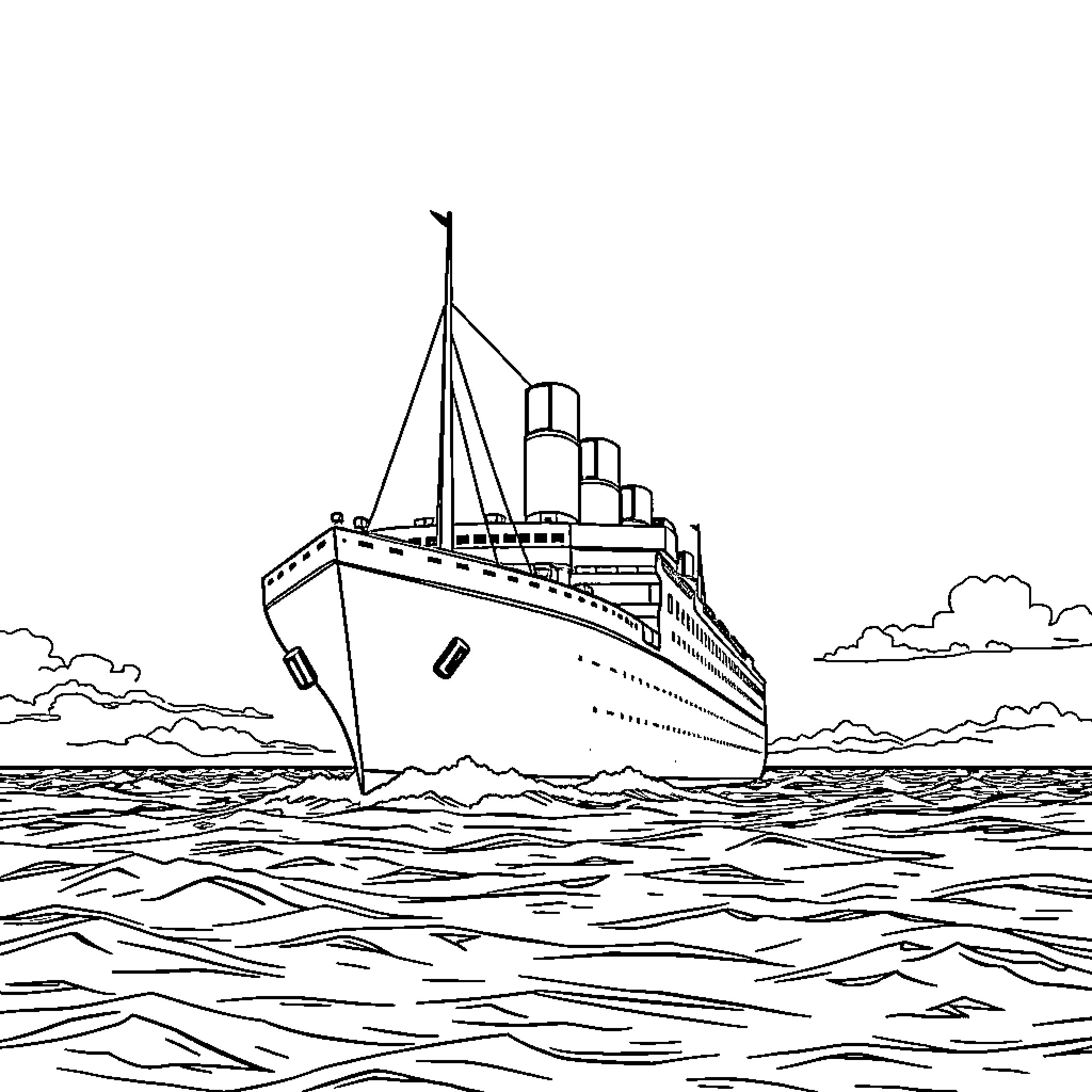 Titanic cruise ship sailing the open waters Coloring Page (free black-and-white line drawing printable PDF for all, from beginners to advanced learners, including children, teens, adults, and seniors)
