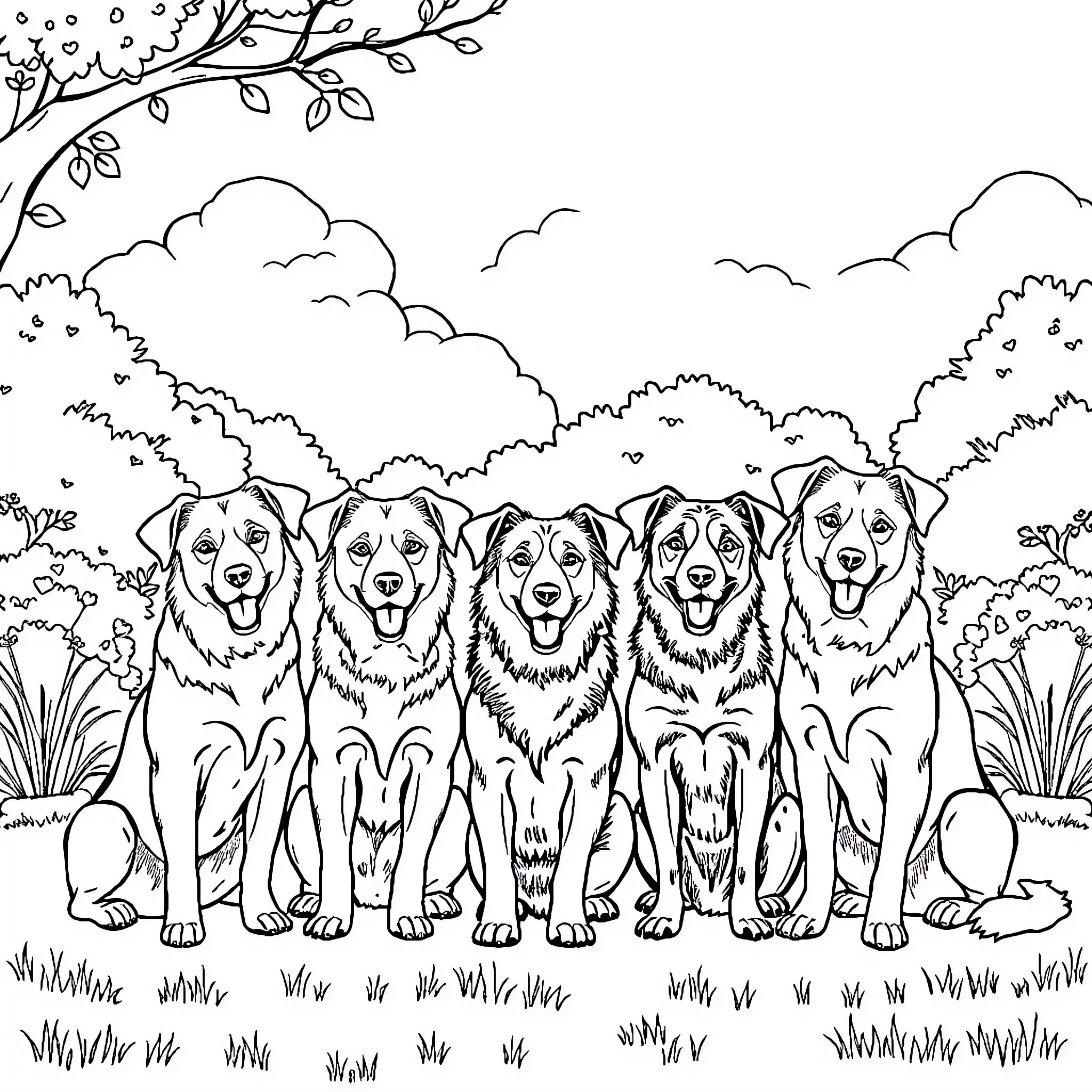 Dog Companions Enjoying Outdoor Adventure Coloring Page (free black-and-white line drawing printable PDF for all, from beginners to advanced learners, including children, teens, adults, and seniors)
