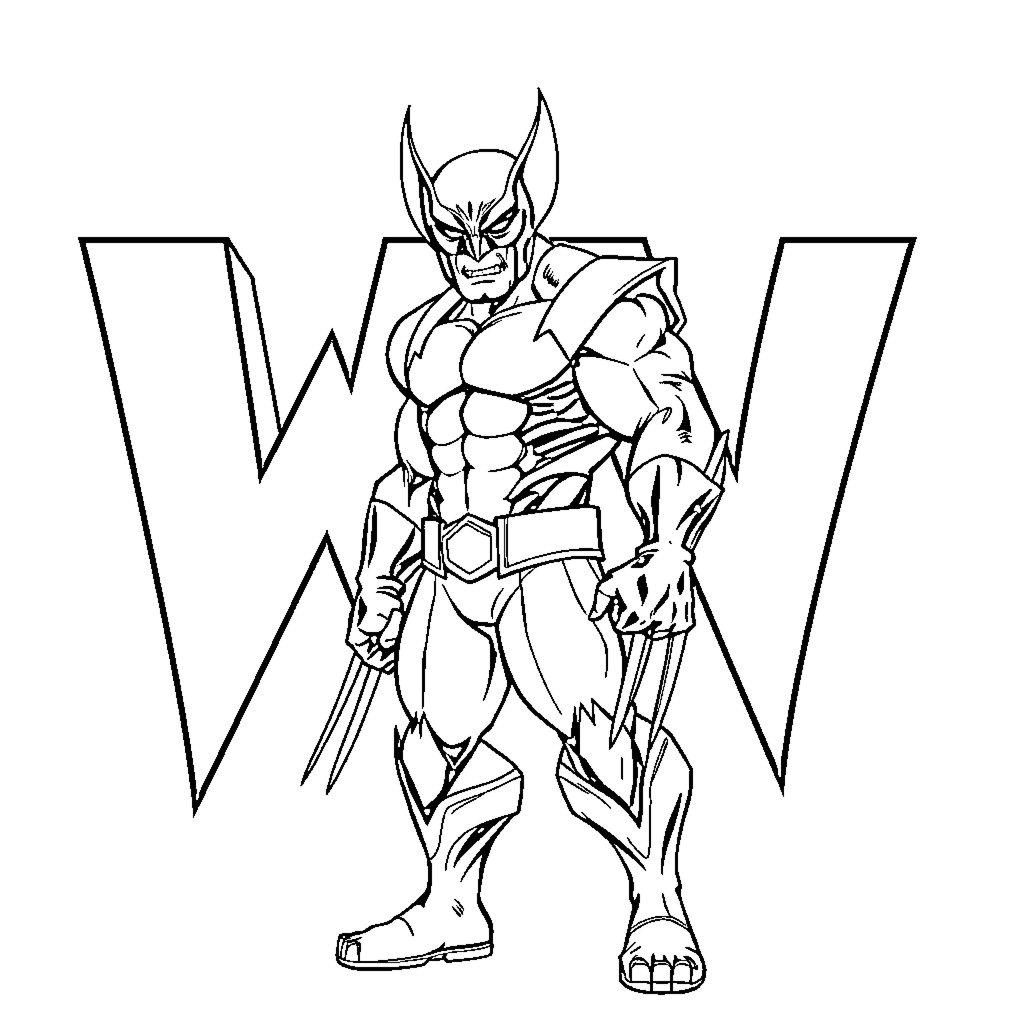 Wolverine heroic pose with fierce expression Coloring Page (free black-and-white line drawing printable PDF for all, from beginners to advanced learners, including children, teens, adults, and seniors)