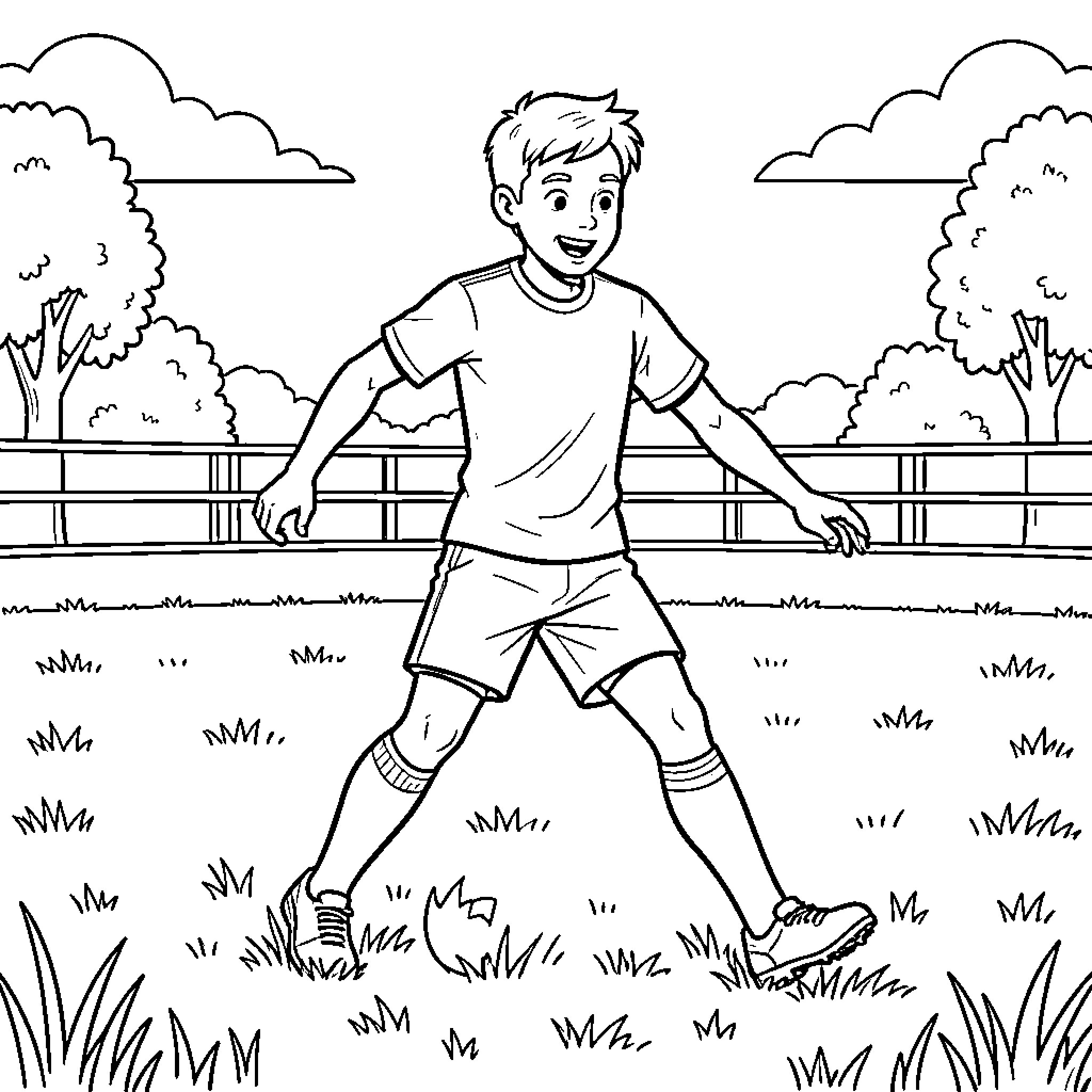 Desire Doué showing a joyful boy playing outdoors Coloring Page (free black-and-white line drawing printable PDF for all, from beginners to advanced learners, including children, teens, adults, and seniors)