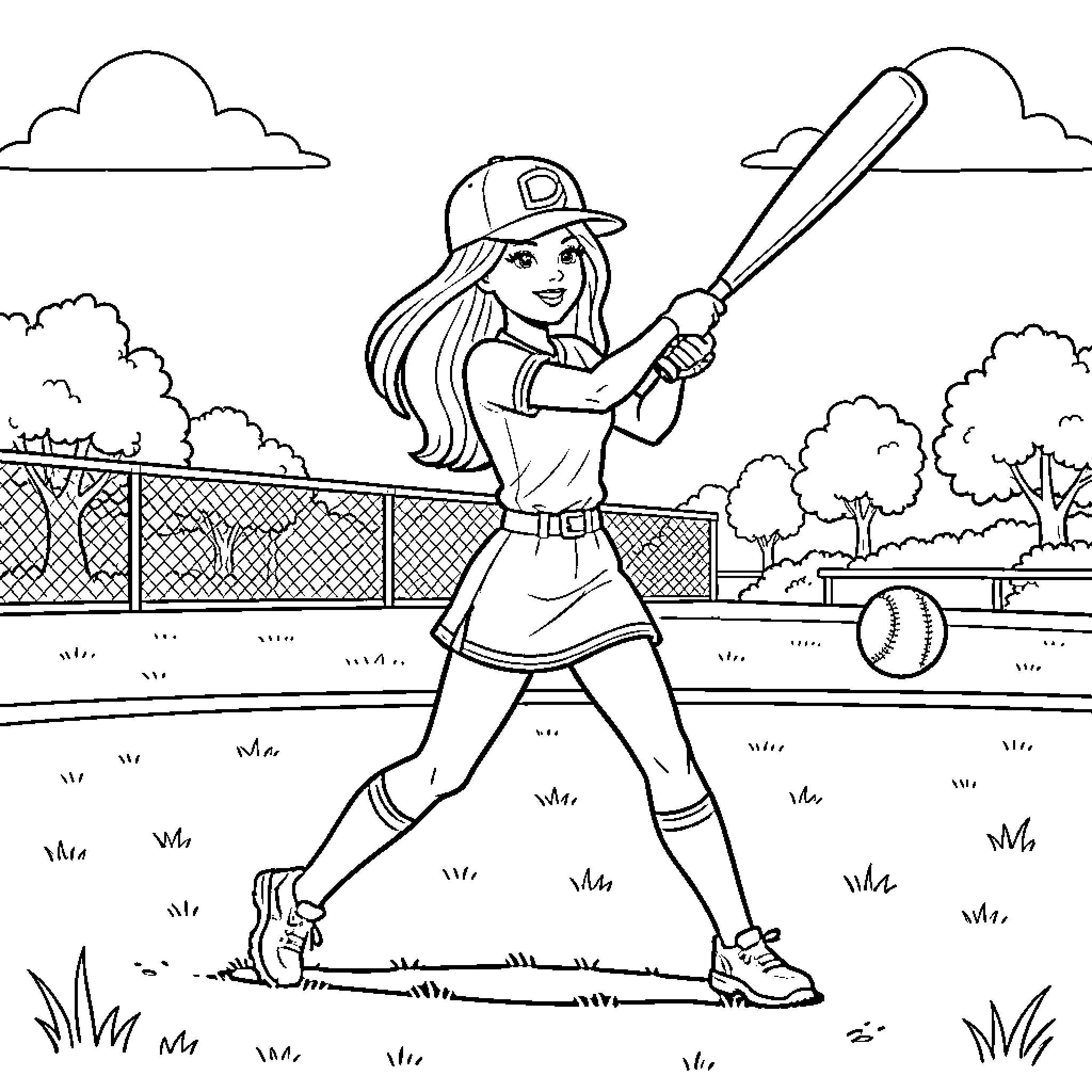 Barbie playing baseball on the field Coloring Page (free black-and-white line drawing printable PDF for all, from beginners to advanced learners, including children, teens, adults, and seniors)