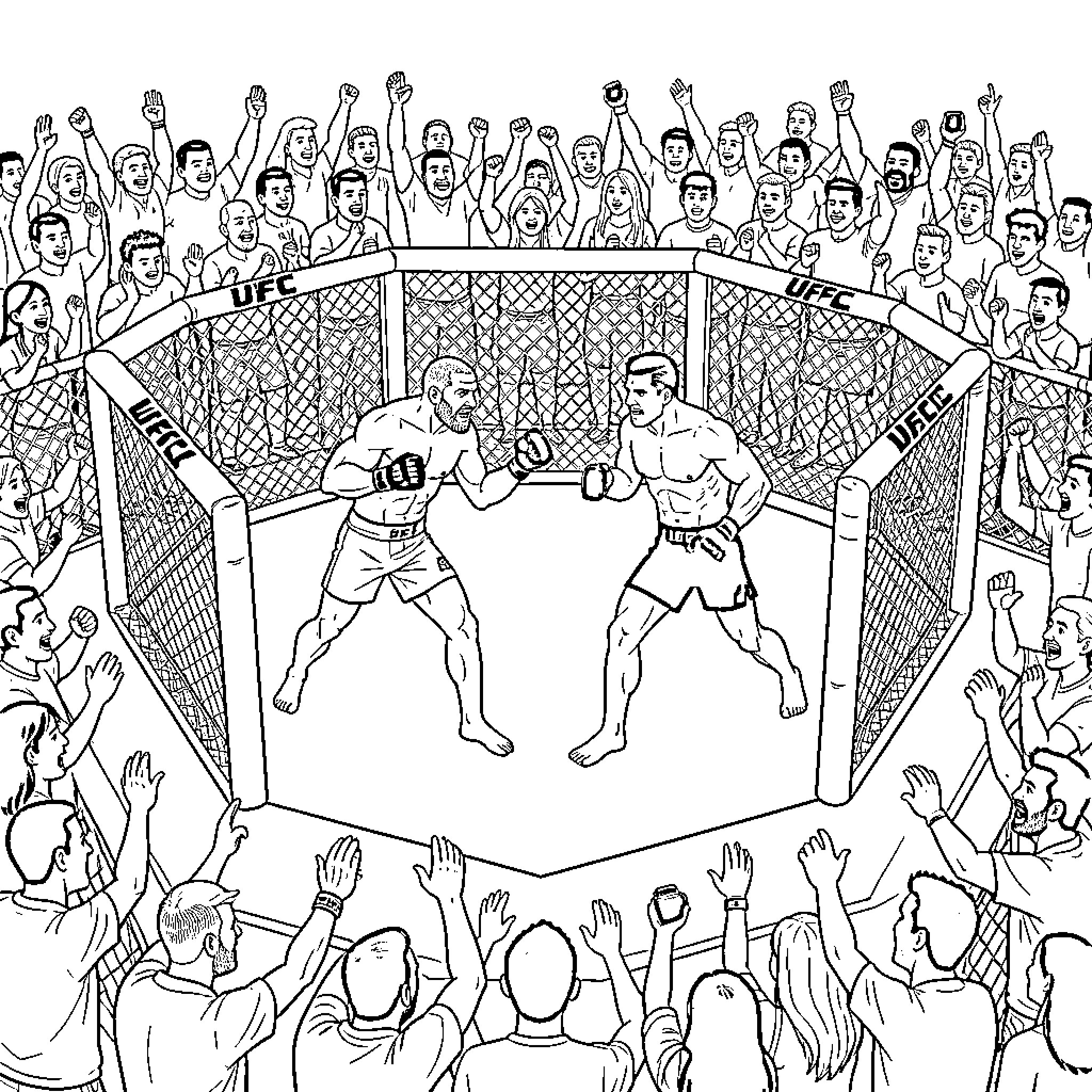 UFC Fighters Battle in Octagon Surrounded by Cheering Crowd Coloring Page (free black-and-white line drawing printable PDF for all, from beginners to advanced learners, including children, teens, adults, and seniors)