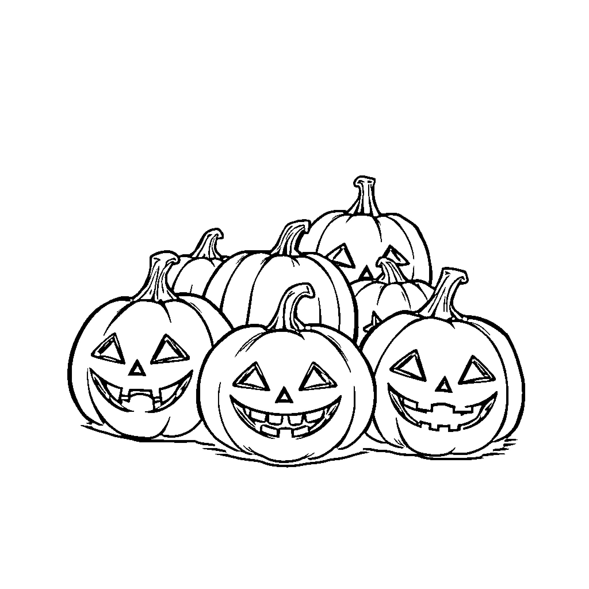 Pumpkins with carved faces in a group Coloring Page (free black-and-white line drawing printable PDF for all, from beginners to advanced learners, including children, teens, adults, and seniors)