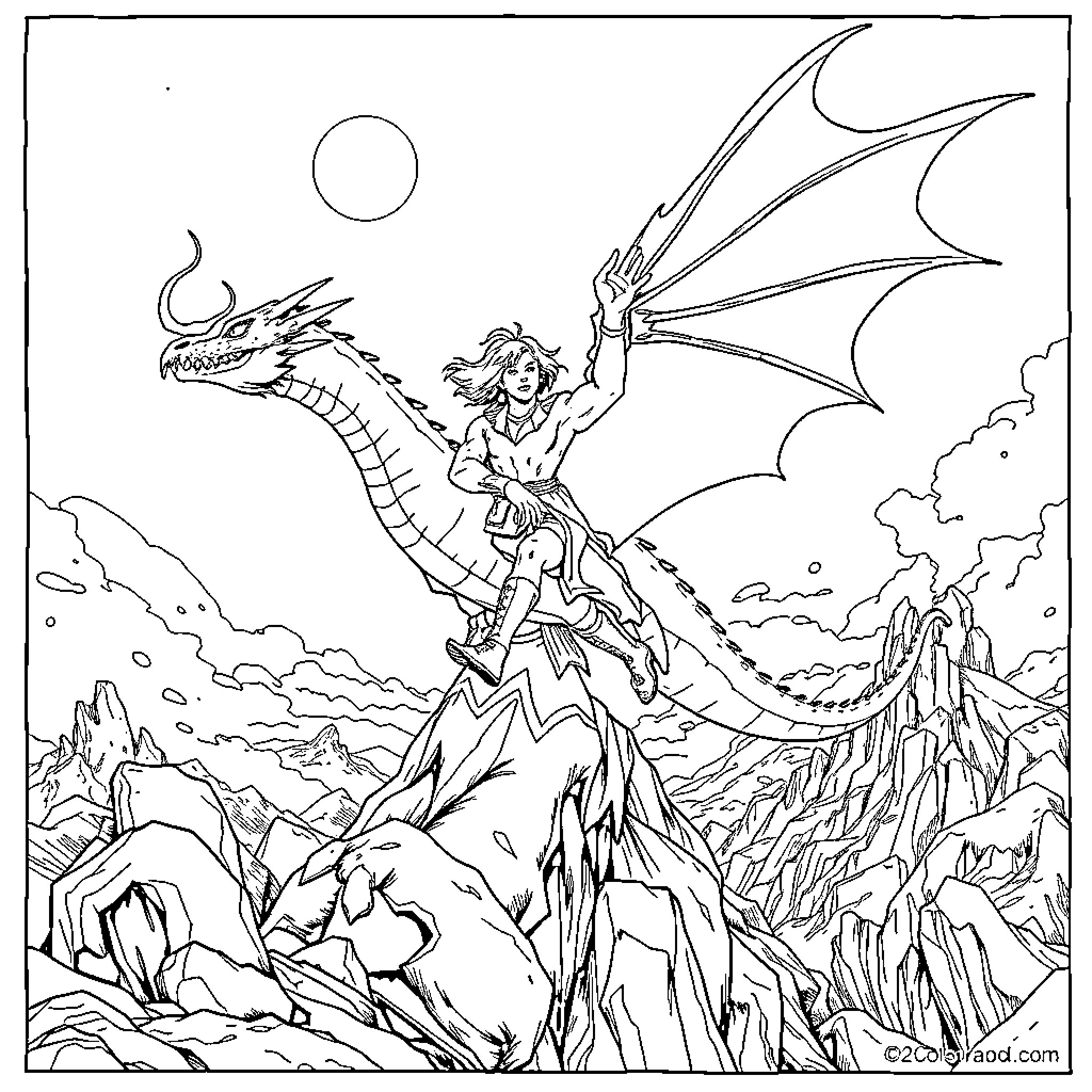 Paul Atreides riding a dragon in a fantasy landscape Coloring Page (free black-and-white line drawing printable PDF for all, from beginners to advanced learners, including children, teens, adults, and seniors)