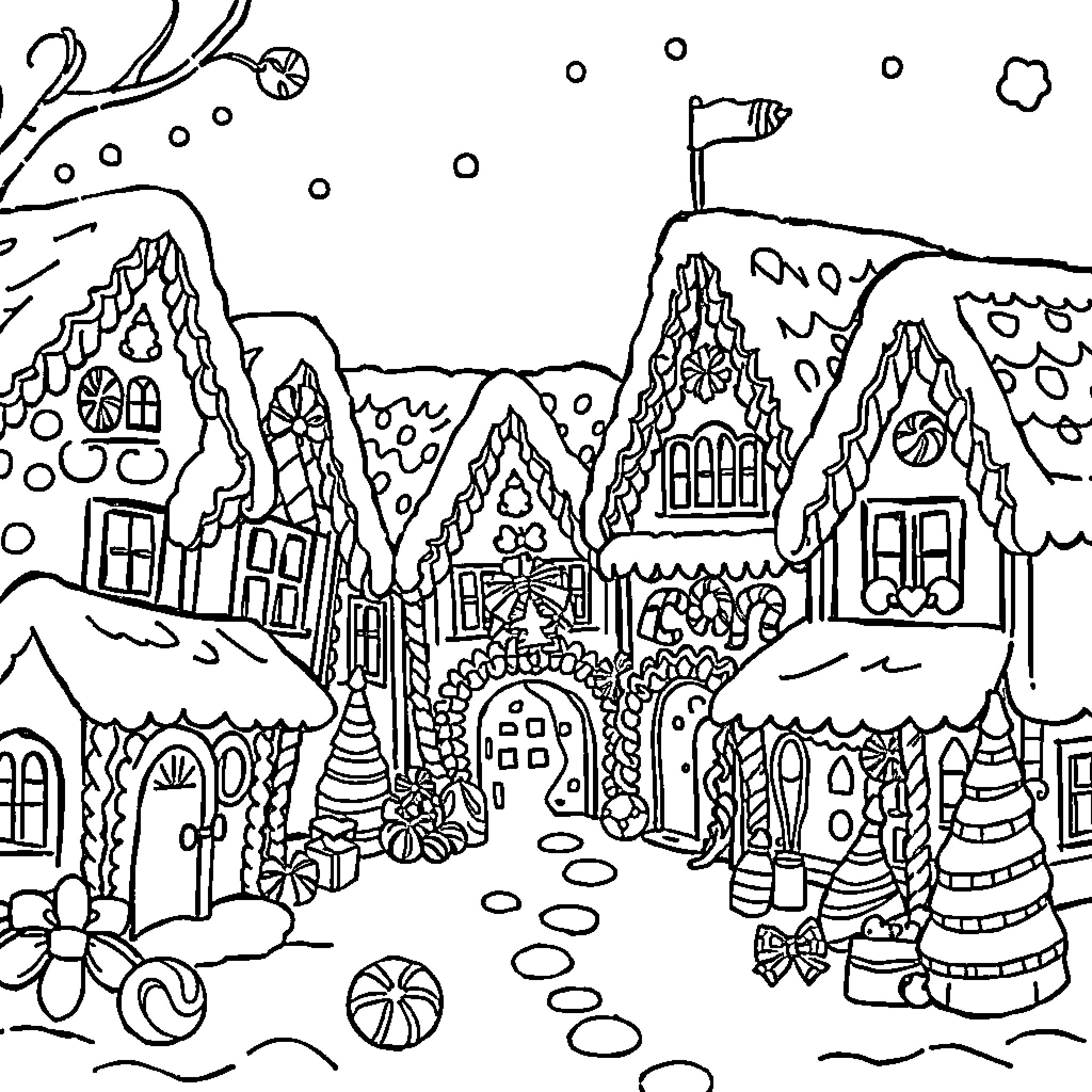 Gingerbread Cottages in a Snowy Winter Wonderland Coloring Page (free black-and-white line drawing printable PDF for all, from beginners to advanced learners, including children, teens, adults, and seniors)