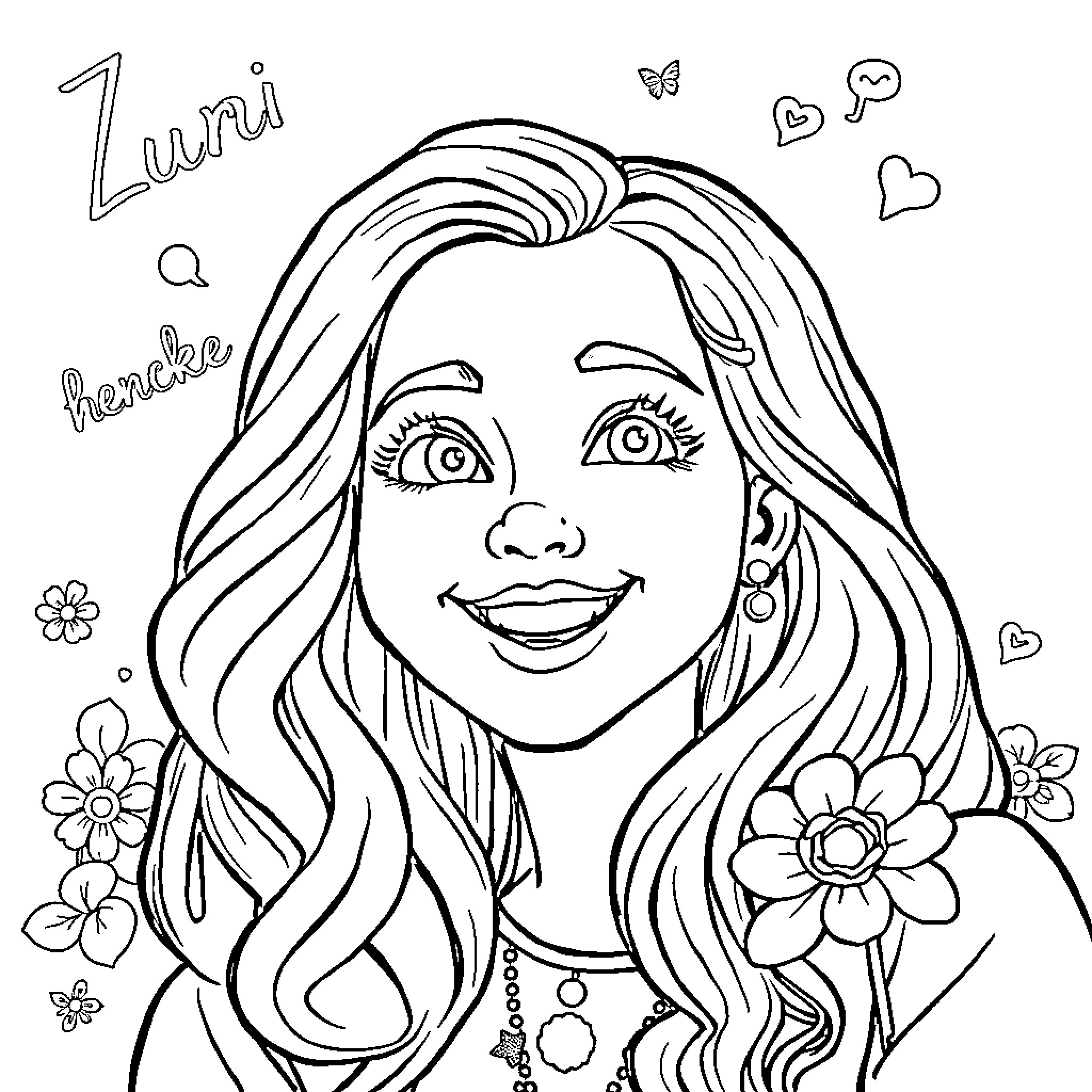 Zuri's cheerful portrait with floral accents Coloring Page (free black-and-white line drawing printable PDF for all, from beginners to advanced learners, including children, teens, adults, and seniors)