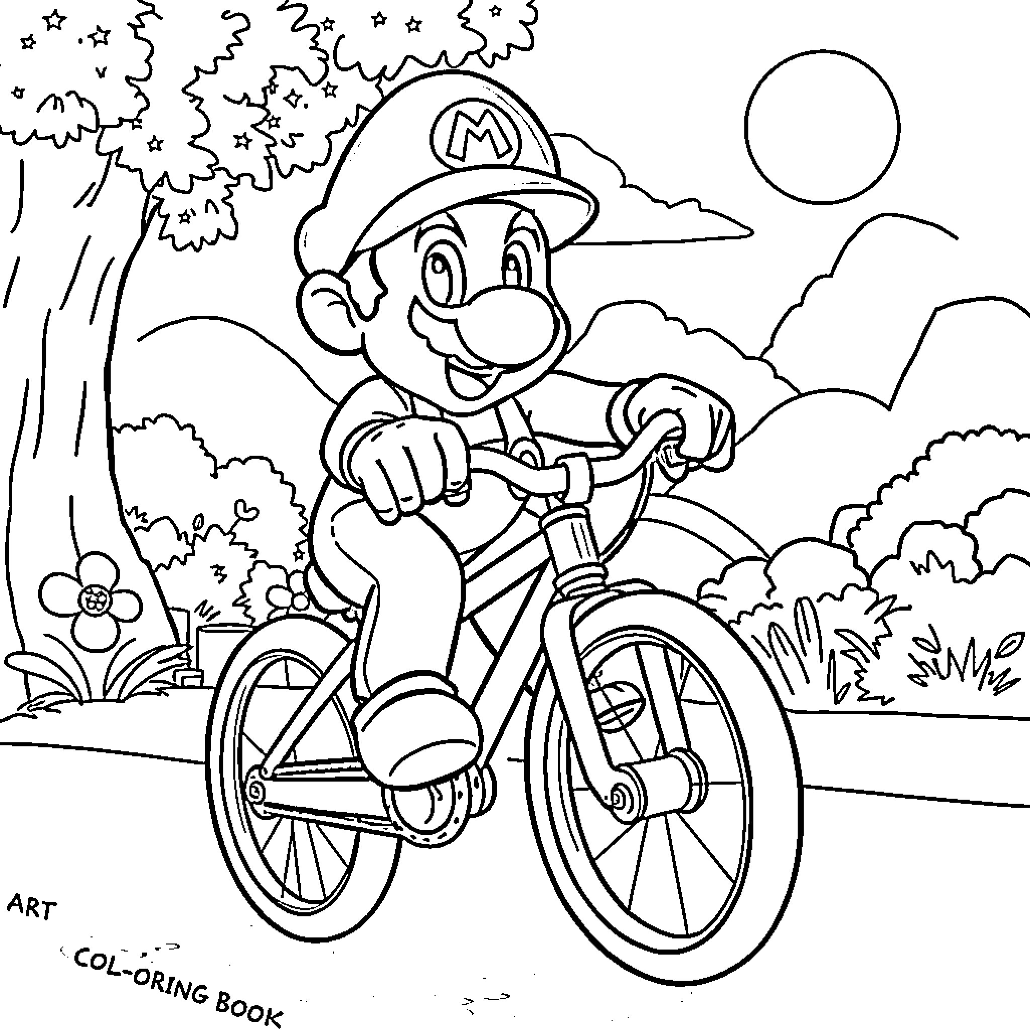 Mario riding a bicycle in a nature scene Coloring Page (free black-and-white line drawing printable PDF for all, from beginners to advanced learners, including children, teens, adults, and seniors)