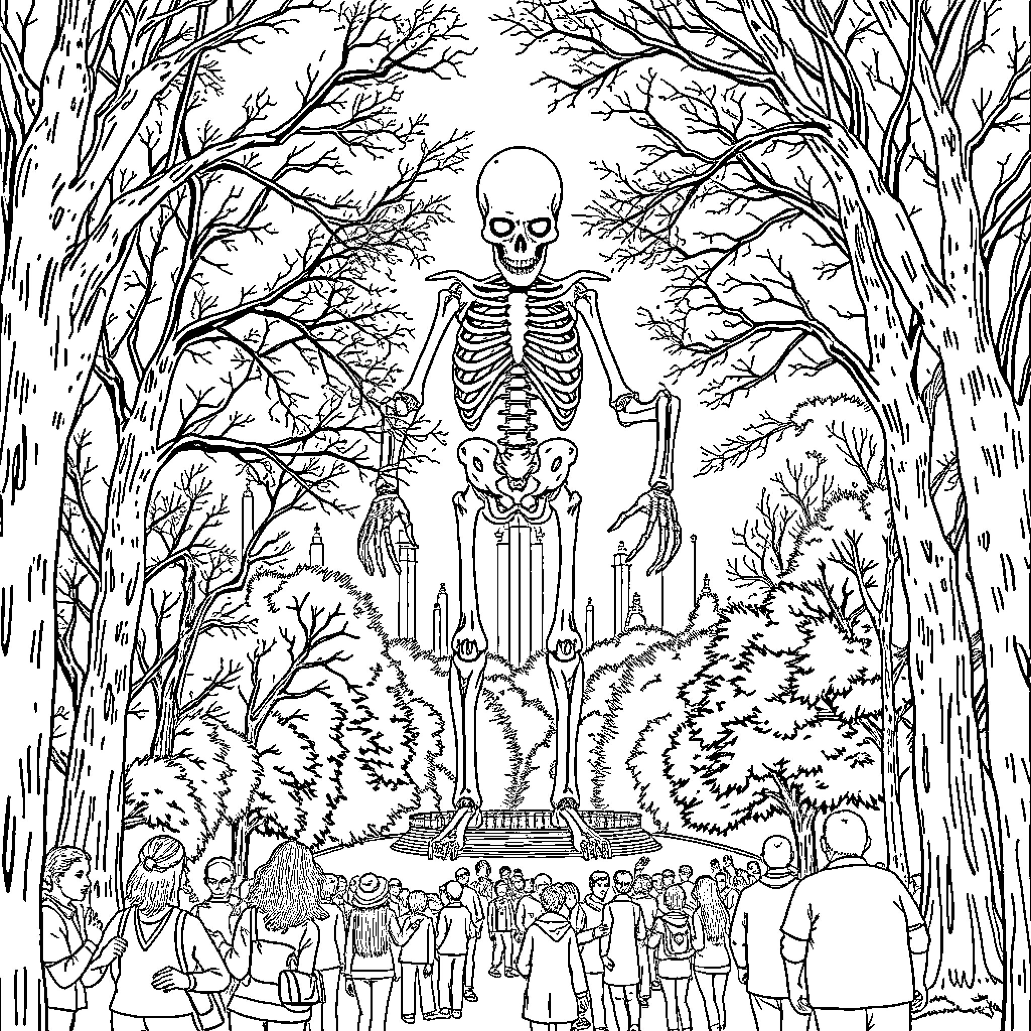 Cthulhu's Skeletal Procession through the Eerie Forest Coloring Page (free black-and-white line drawing printable PDF for all, from beginners to advanced learners, including children, teens, adults, and seniors)