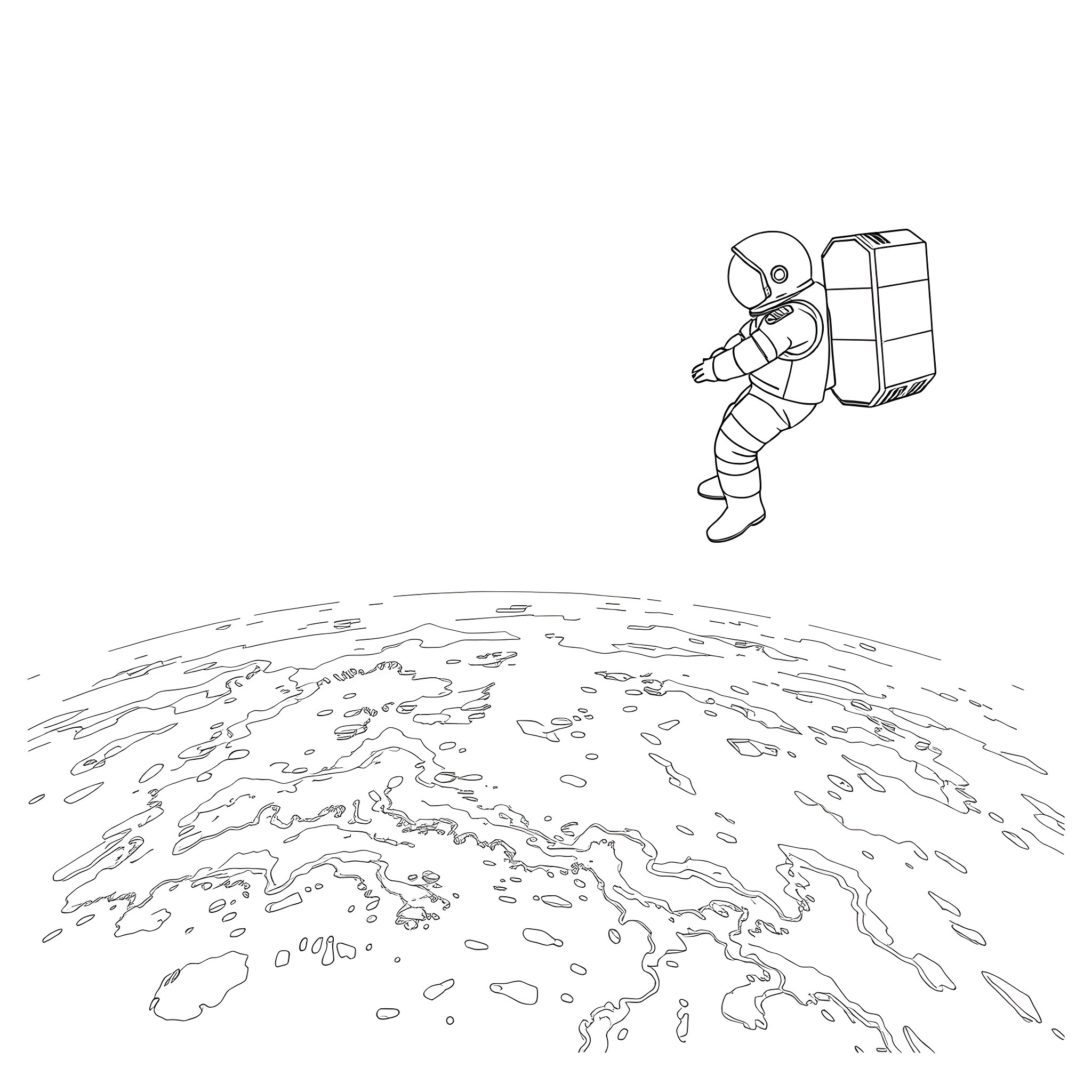 Astronaut Exploring the Lunar Surface Coloring Page (free black-and-white line drawing printable PDF for all, from beginners to advanced learners, including children, teens, adults, and seniors)