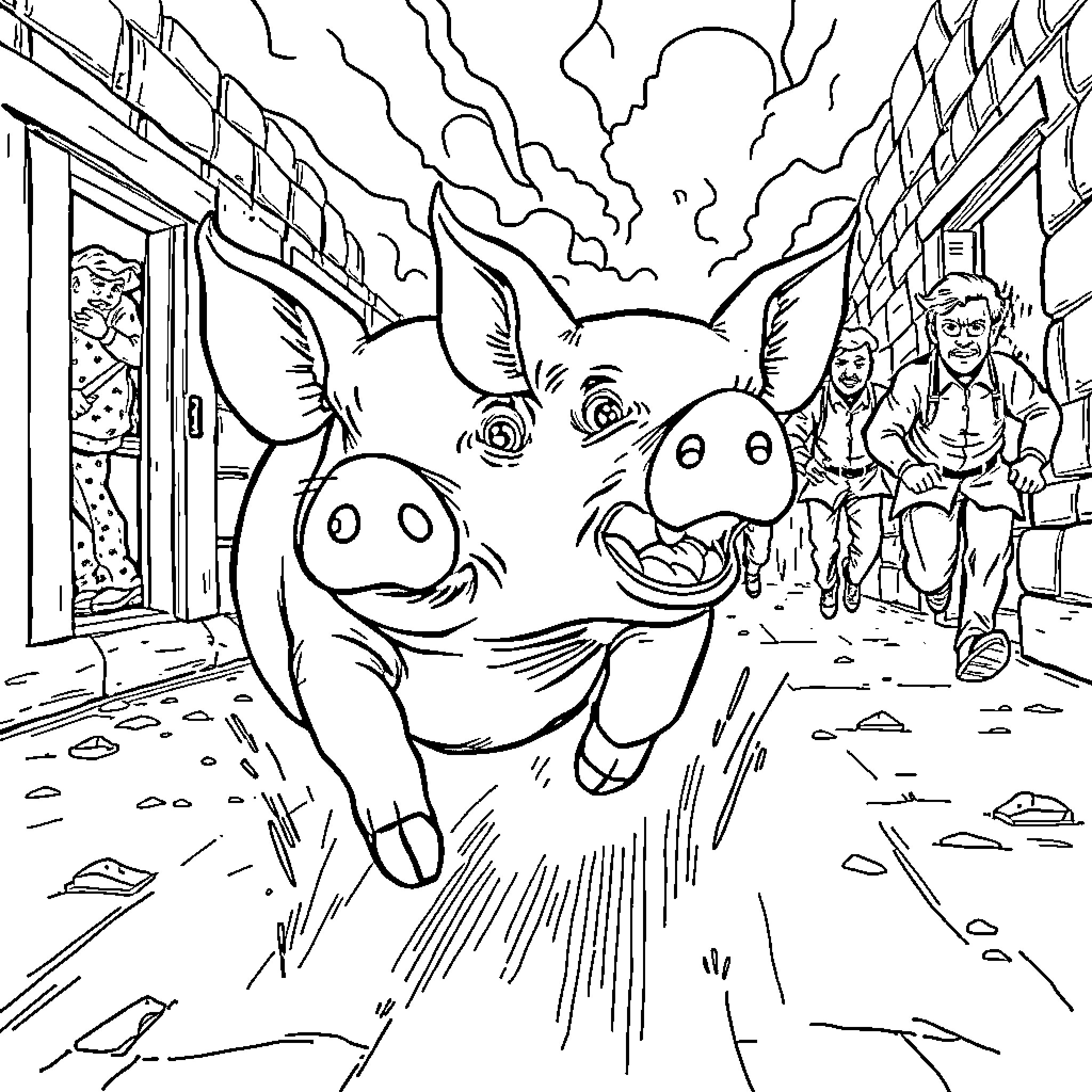 Pig's Joyful Escape Through the City Coloring Page (free black-and-white line drawing printable PDF for all, from beginners to advanced learners, including children, teens, adults, and seniors)