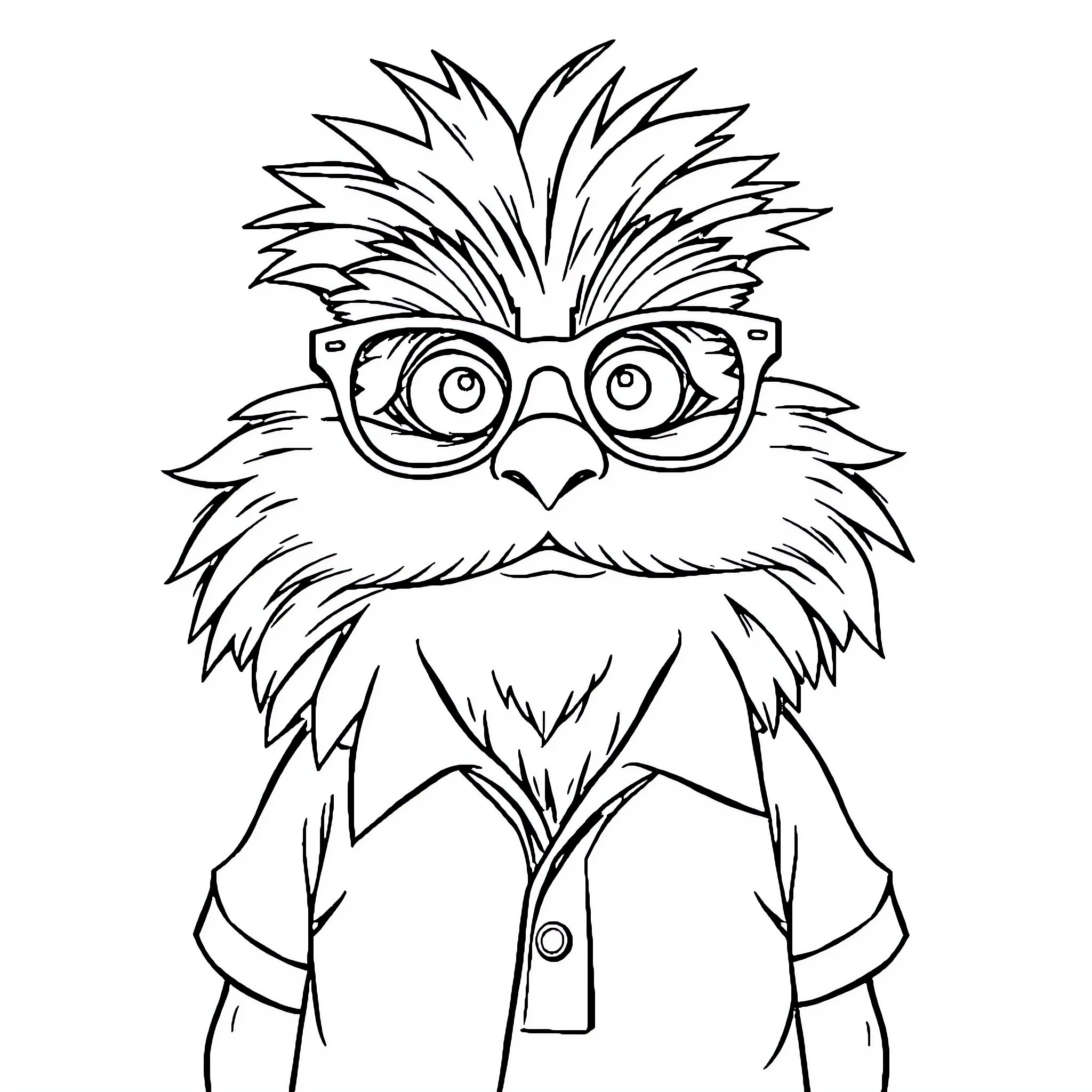 Lorax character in nerdy outfit and glasses Coloring Page (free black-and-white line drawing printable PDF for all, from beginners to advanced learners, including children, teens, adults, and seniors)