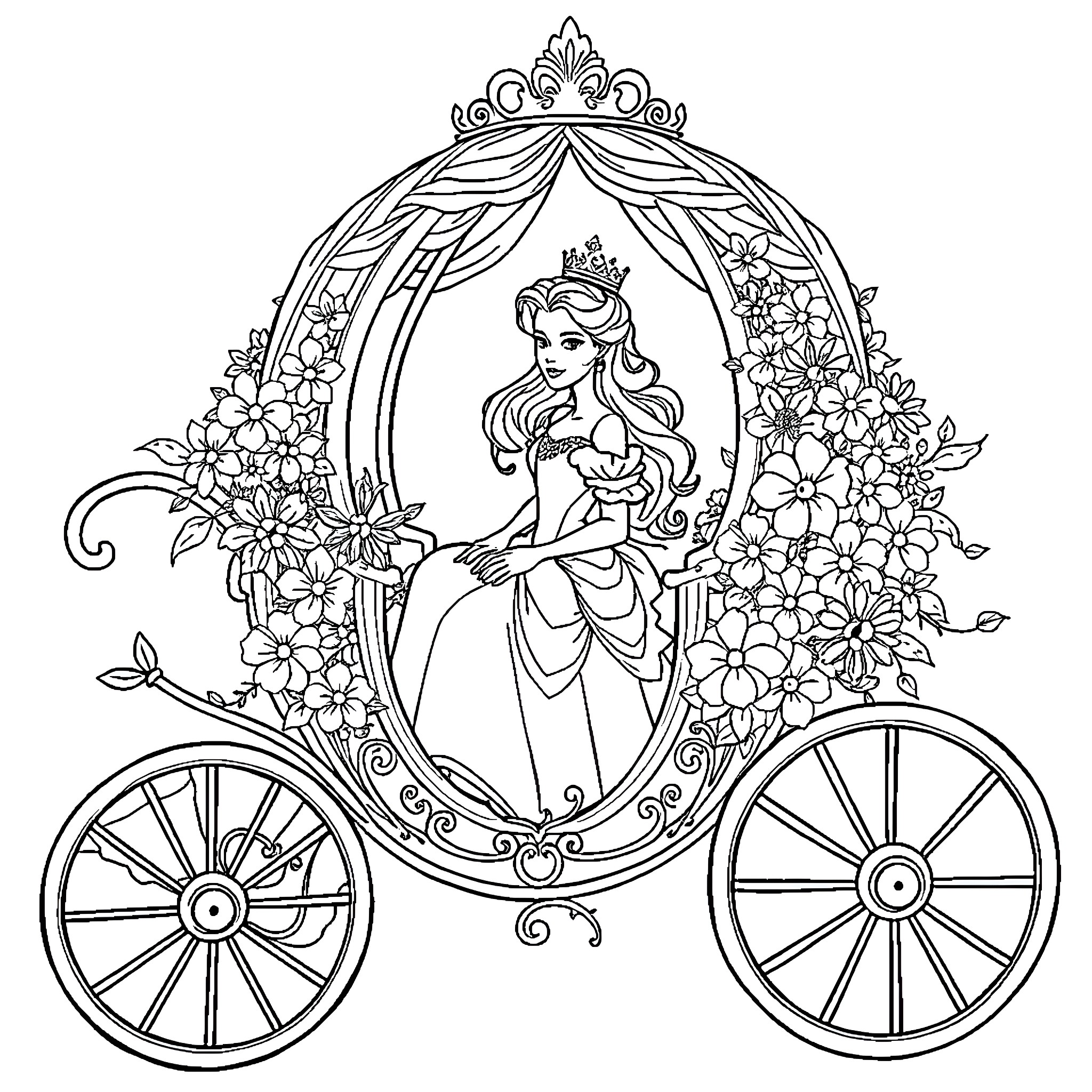 Princess in Floral Carriage Coloring Page (free black-and-white line drawing printable PDF for all, from beginners to advanced learners, including children, teens, adults, and seniors)
