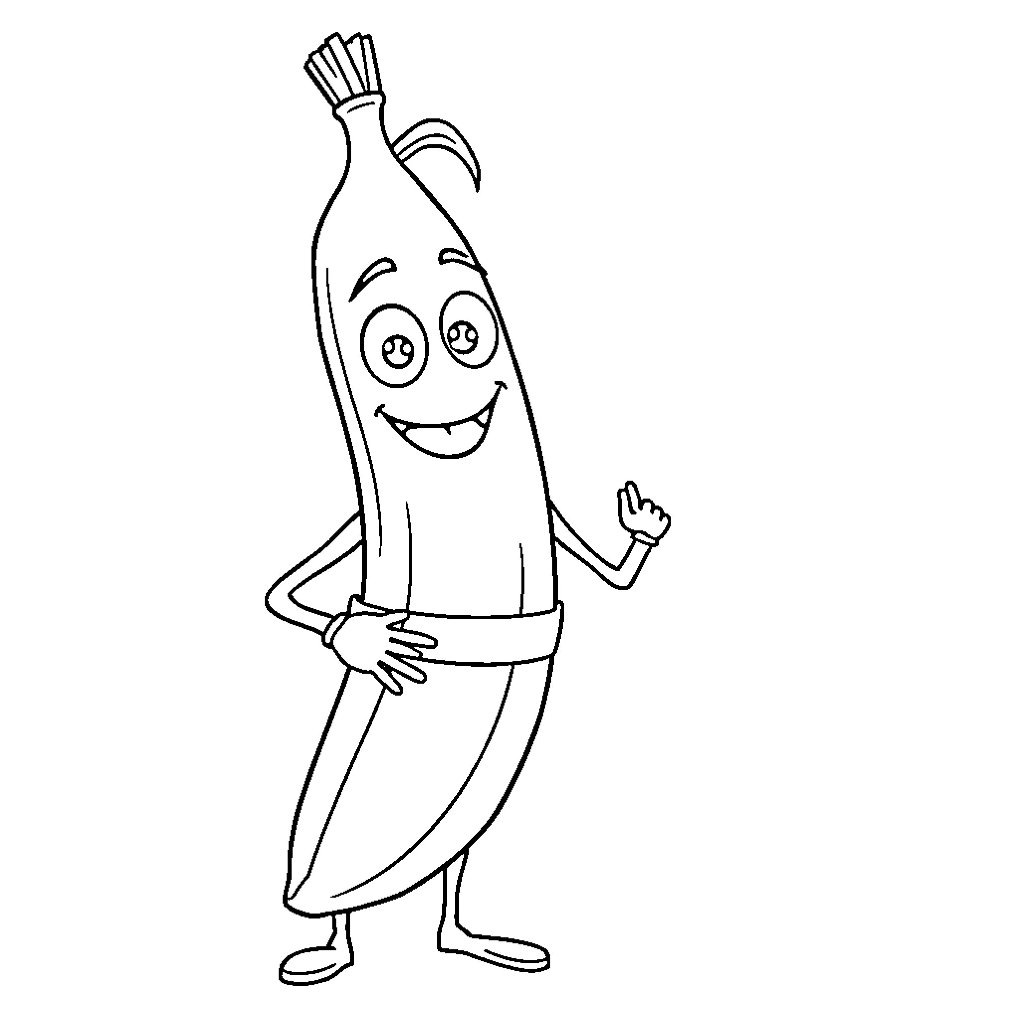Banana character waving and smiling Coloring Page (free black-and-white line drawing printable PDF for all, from beginners to advanced learners, including children, teens, adults, and seniors)