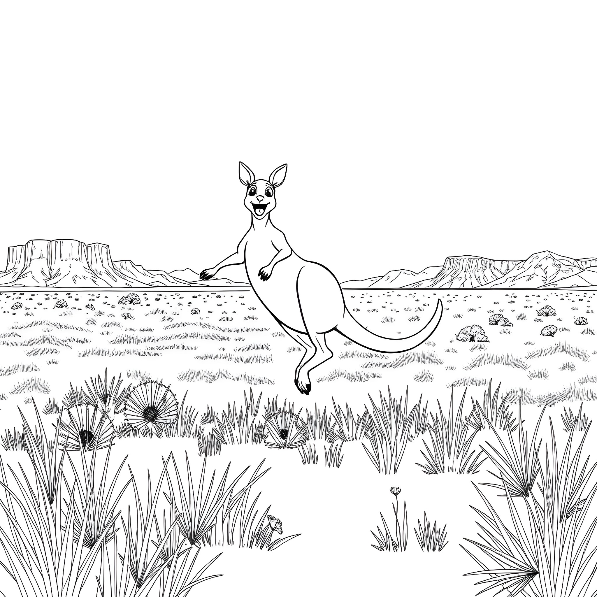 Kangaroo hopping in the desert landscape Coloring Page (free black-and-white line drawing printable PDF for all, from beginners to advanced learners, including children, teens, adults, and seniors)