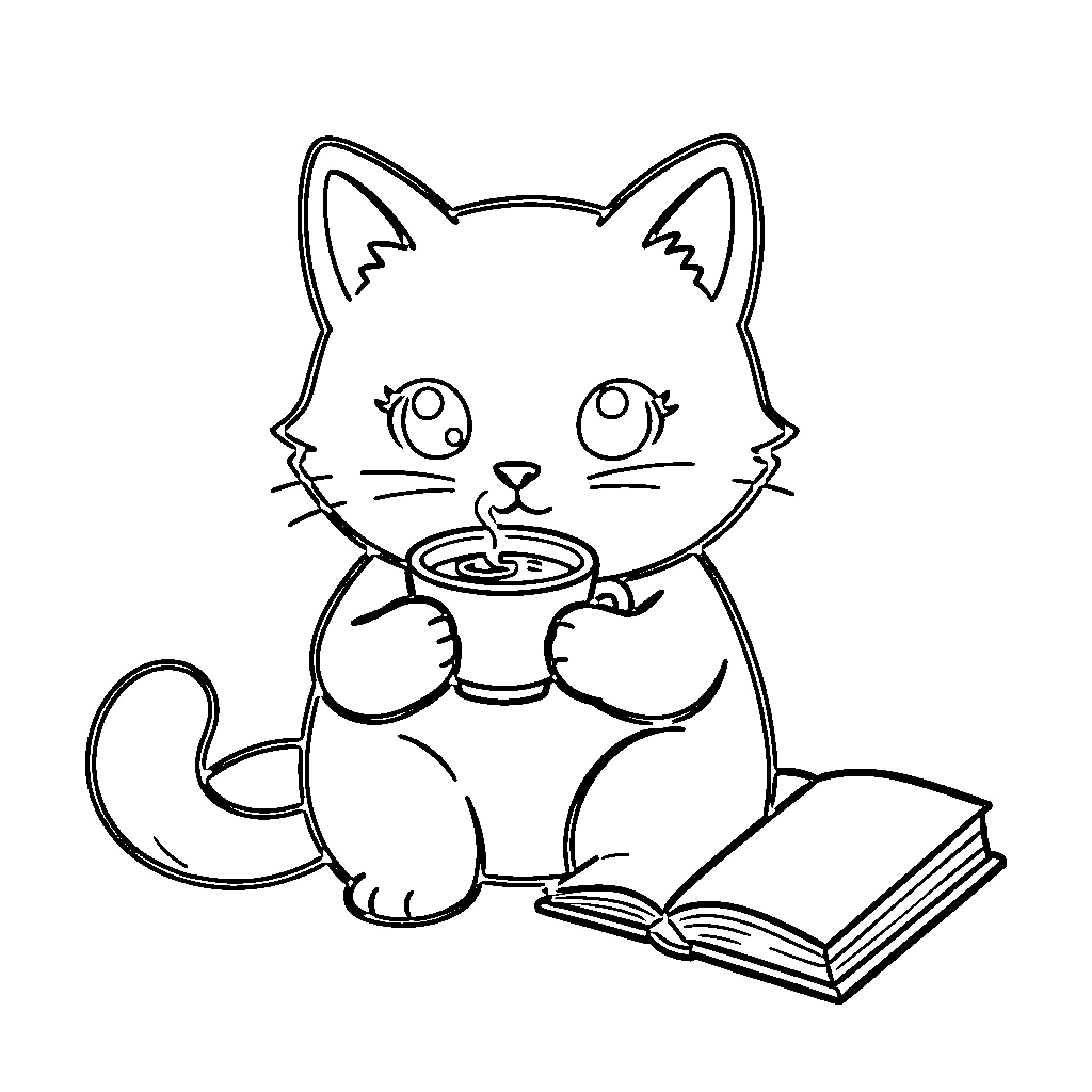 Cat enjoying a hot drink while reading Coloring Page (free black-and-white line drawing printable PDF for all, from beginners to advanced learners, including children, teens, adults, and seniors)