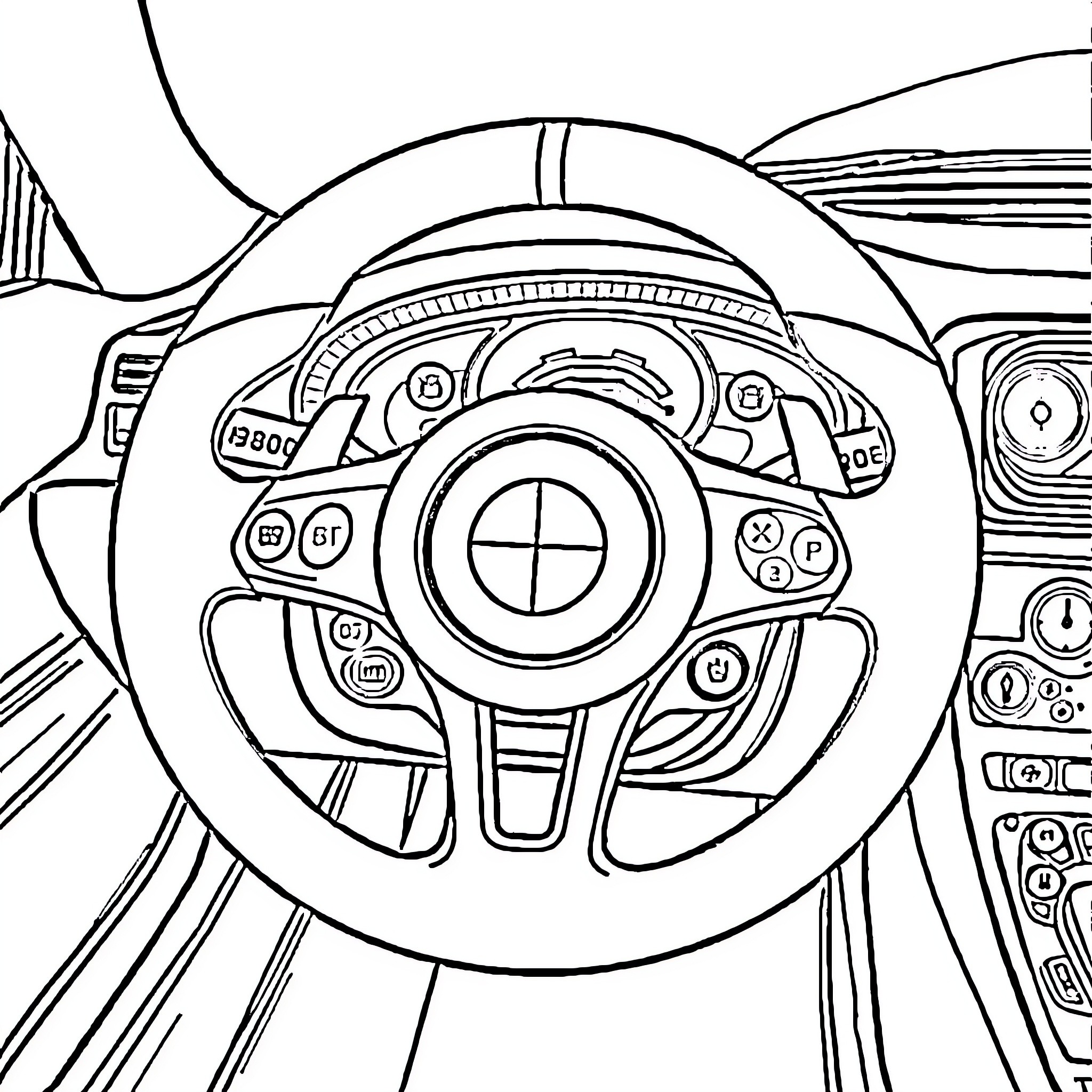 F1 Steering Wheel with Intricate Controls and Design Coloring Page (free black-and-white line drawing printable PDF for all, from beginners to advanced learners, including children, teens, adults, and seniors)
