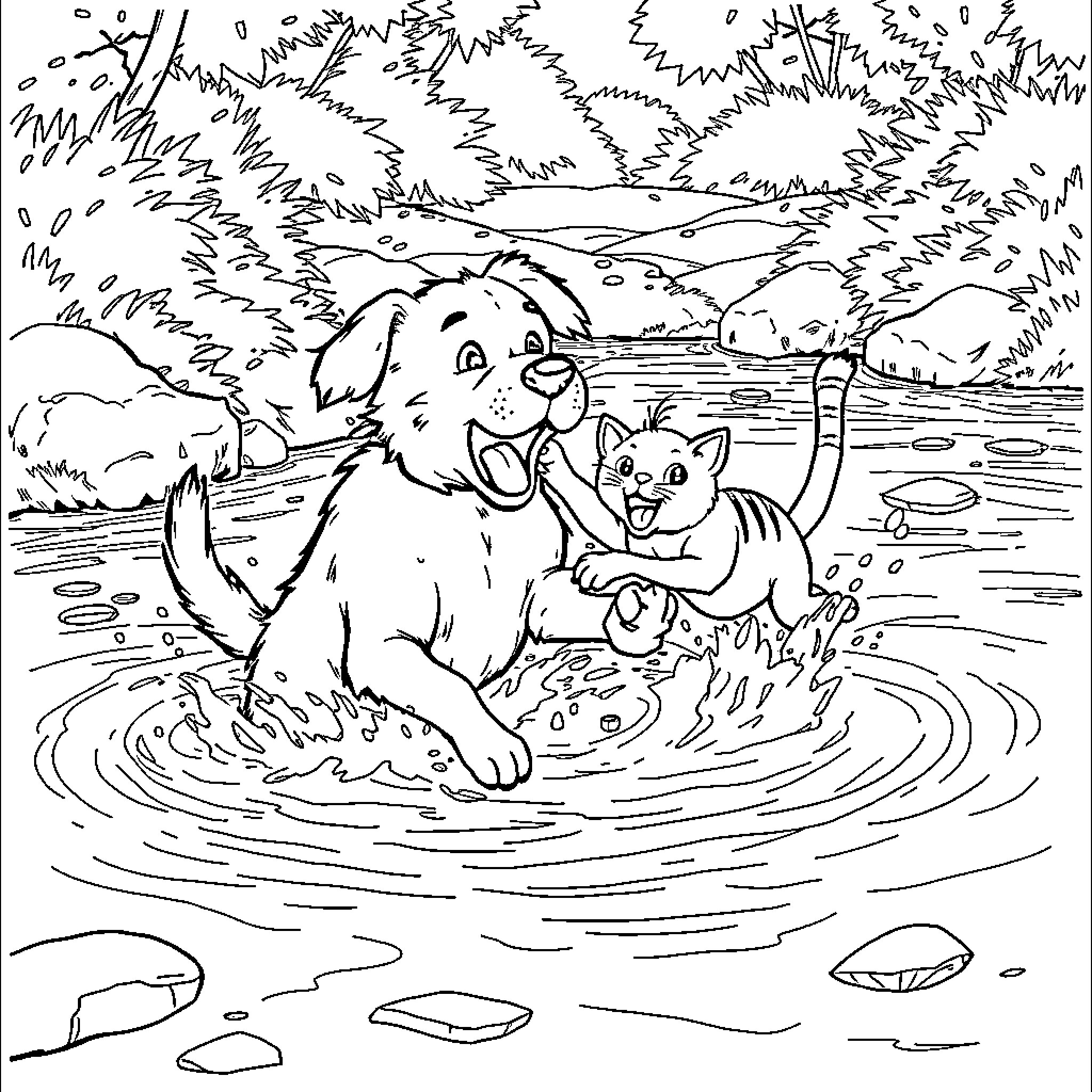 Dog playing joyfully with puppy in water Coloring Page (free black-and-white line drawing printable PDF for all, from beginners to advanced learners, including children, teens, adults, and seniors)