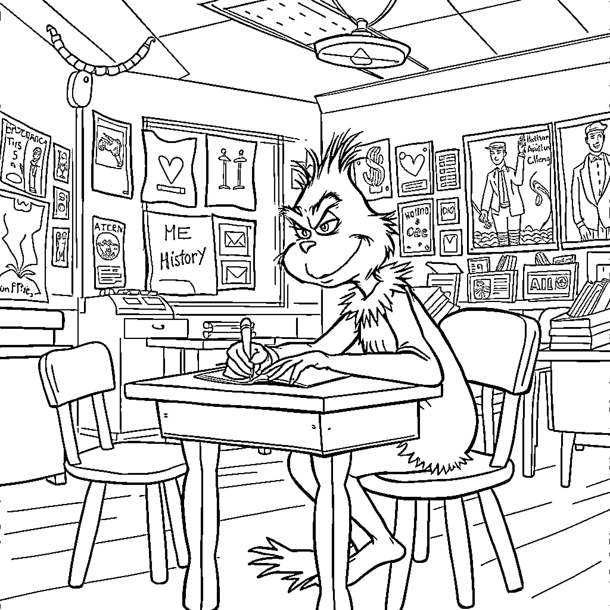 Grinch scribbling in the classroom with eclectic decor Coloring Page (free black-and-white line drawing printable PDF for all, from beginners to advanced learners, including children, teens, adults, and seniors)