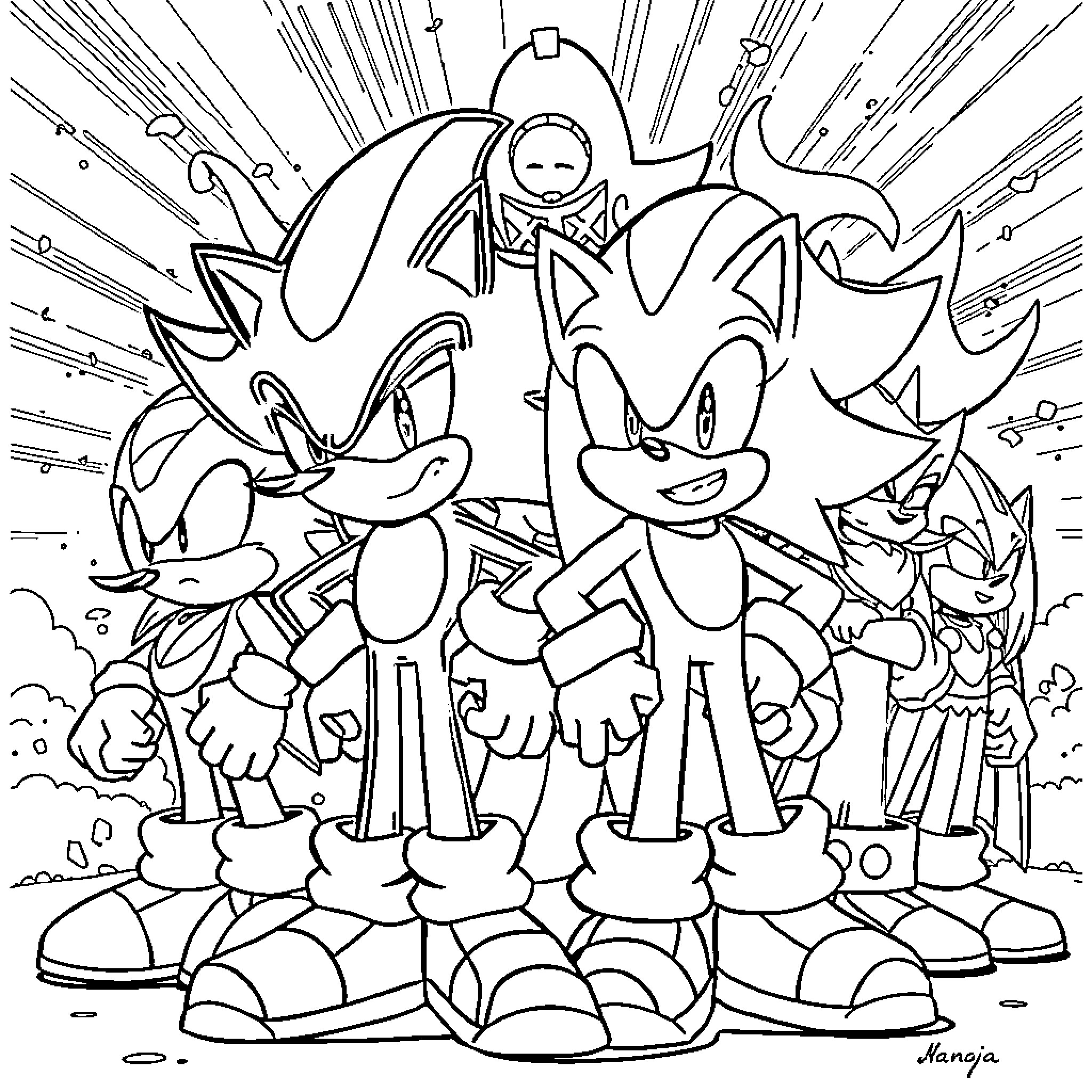 Sonic characters in dynamic action scene Coloring Page (free black-and-white line drawing printable PDF for all, from beginners to advanced learners, including children, teens, adults, and seniors)