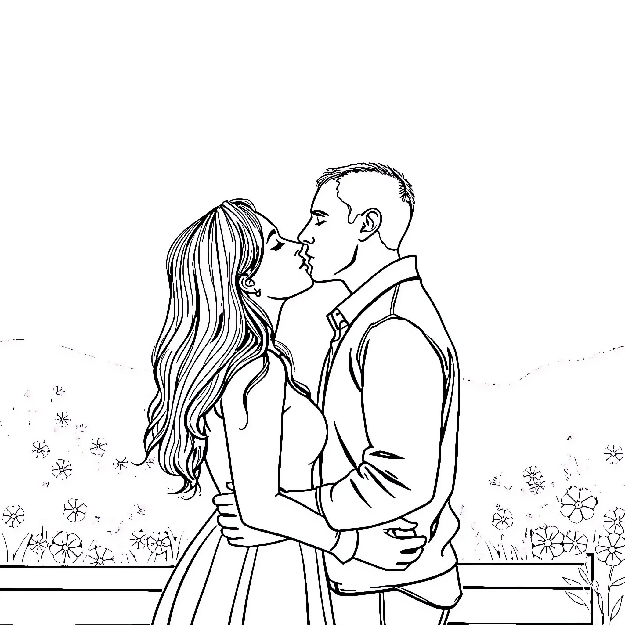 Couple embracing in a romantic outdoor setting Coloring Page (free black-and-white line drawing printable PDF for all, from beginners to advanced learners, including children, teens, adults, and seniors)