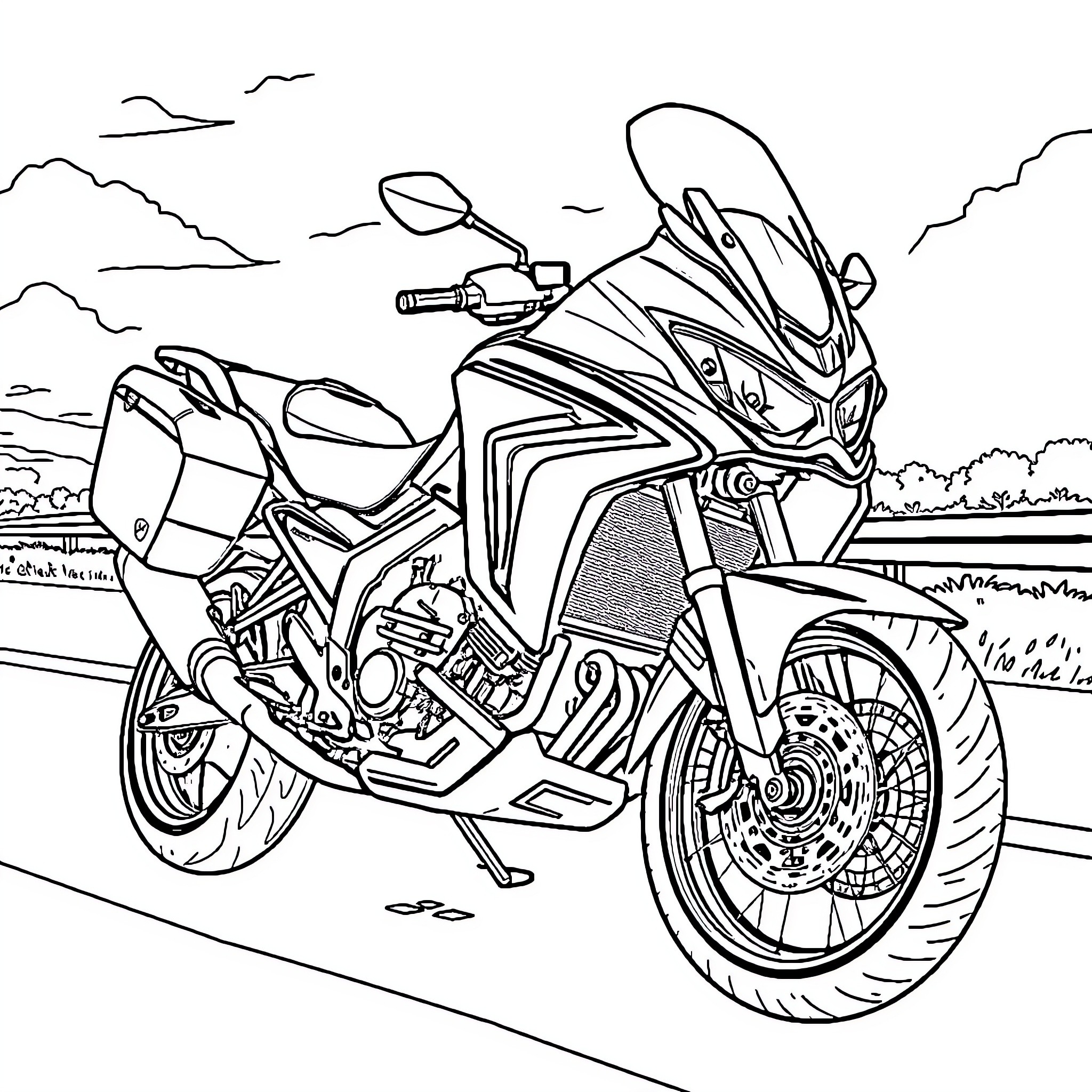 Crosstourer motorcycle on a scenic road Coloring Page (free black-and-white line drawing printable PDF for all, from beginners to advanced learners, including children, teens, adults, and seniors)